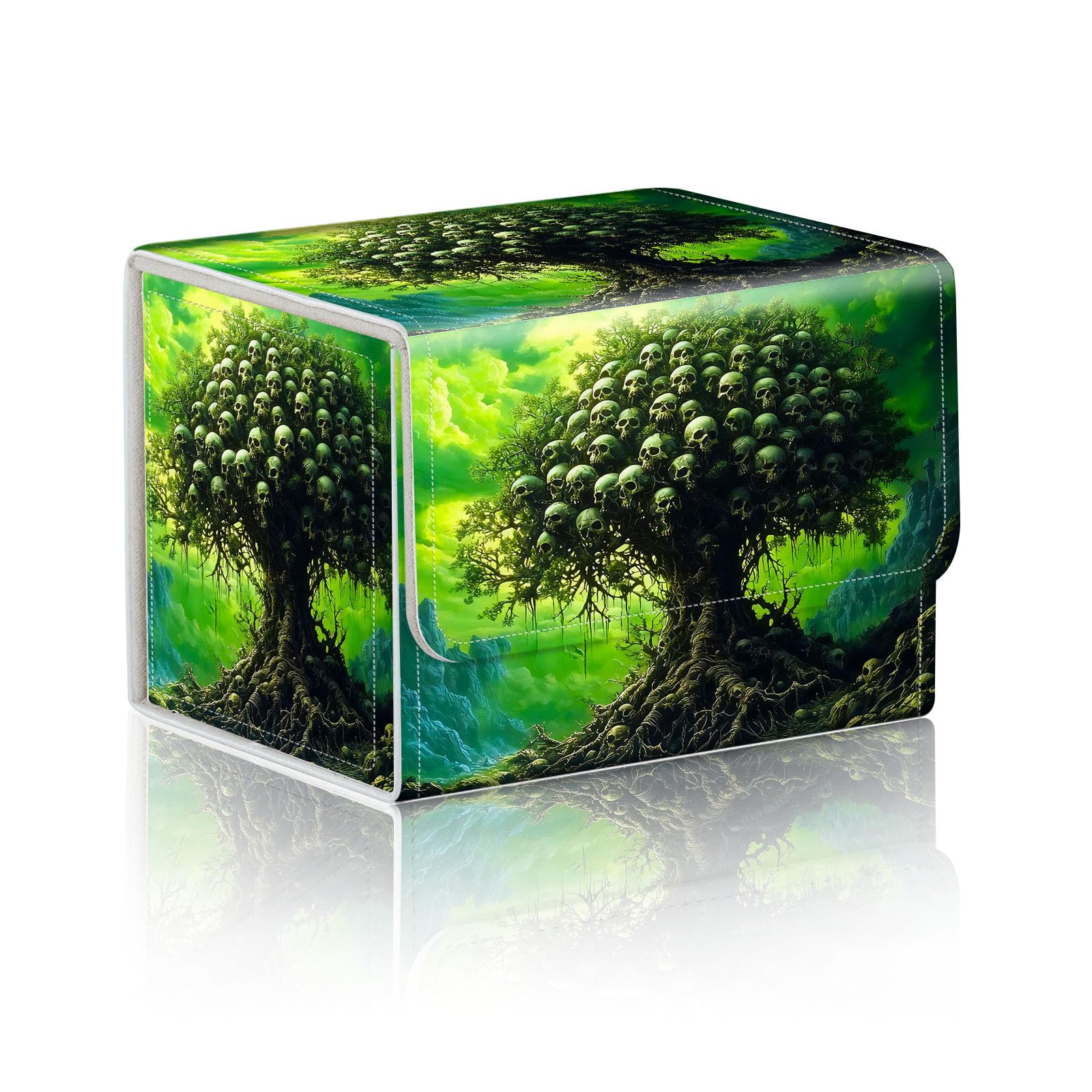 DISUOFEART Trading Card Storage Box, Holds 100+ for MTG Cards, Premium PU Leather with Magnetic Closure, Tree Of Green Skulls Durable Deck Box for Magic the Gathering, Trading Card Games
