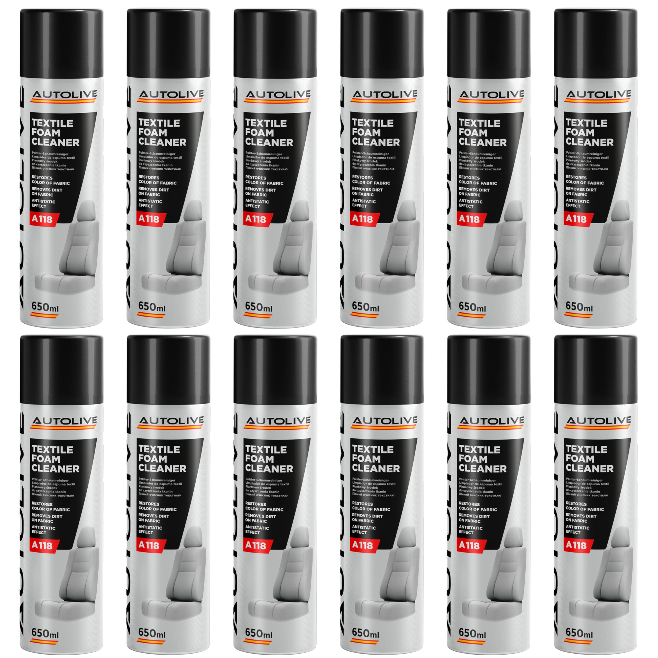 AUTOLIVE Limpiador de Tapicería para Coche Pack de 12 – Espuma Textil Interior – Limpieza de Alfombrillas, Tejidos, Techos y Plásticos – Neutraliza Olores y Reaviva Colores 650 ml