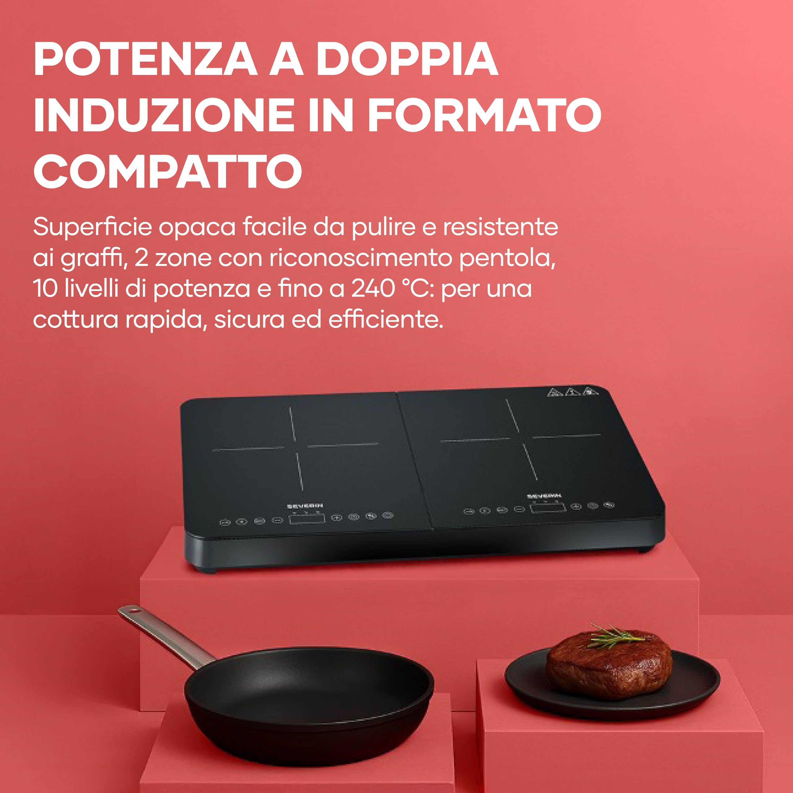 SEVERIN Piastra a Induzione Doppia, 2 Fornelli, Piano in Vetroceramica Antigraffio Finitura Opaca, 10 Livelli di Potenza, Touch Screen, Temperatura 60-240 °C, 3400 W, Nero - DK 1028