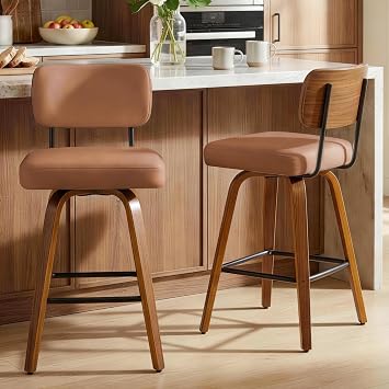 Swivel Bar Stools Set of 2, 26" Counter Height with Wooden Back, Brown
