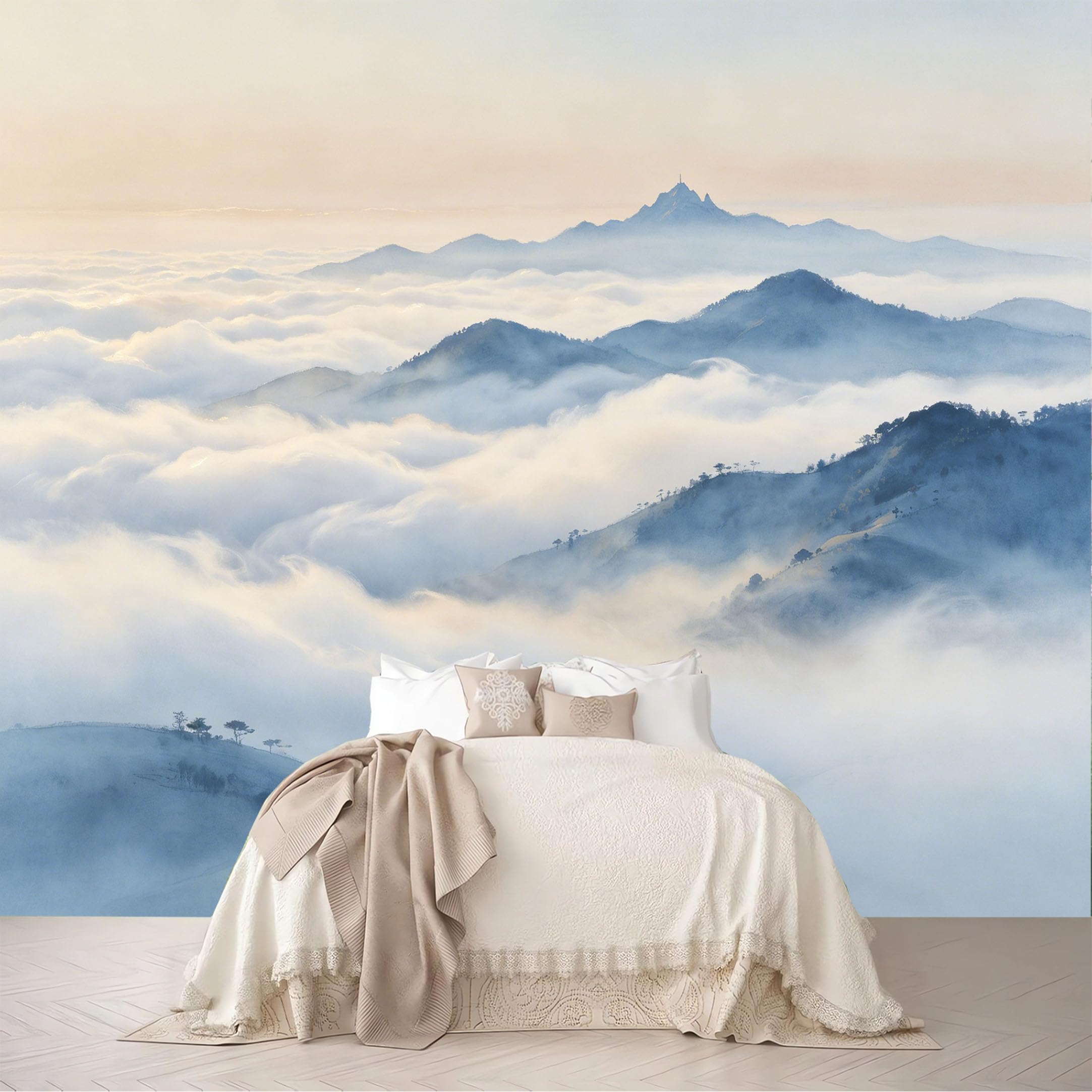 Dskjoviality Ab260706102 Custom Size Wall Murals Misty Layer Mountain Sea Of Clouds Landscape Removable Self-Adhesive For Bedroom Living Room Dining Room