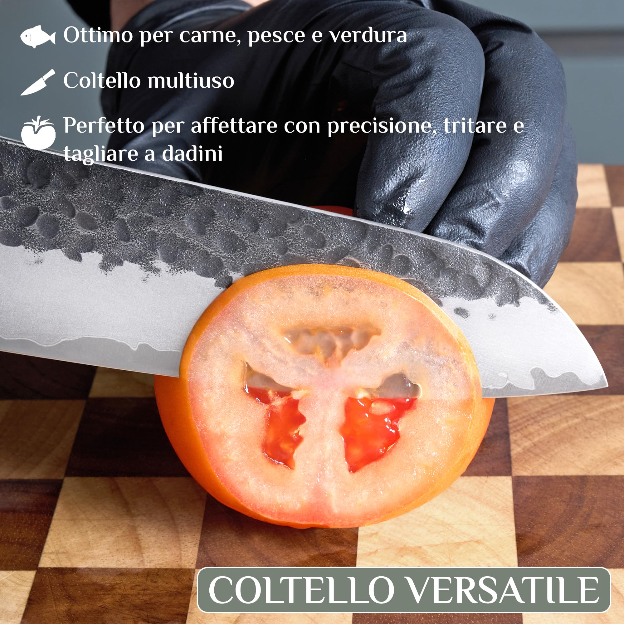 NIRO Coltello Professionale Giapponese Santoku in Acciaio Damascato, 67 Strati, Durezza 60 HRC, Manico Pregiato in Ebano e Sandalo, Bilanciamento perfetto, Resistente all’usura