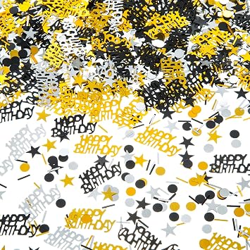 EMAAN Happy Birthday Metallic Foil Confetti Black Gold and Silver Multicolored Sequins, Decorative Table, Light Up Your Birthday Party Black, Shiny Gold, Silver