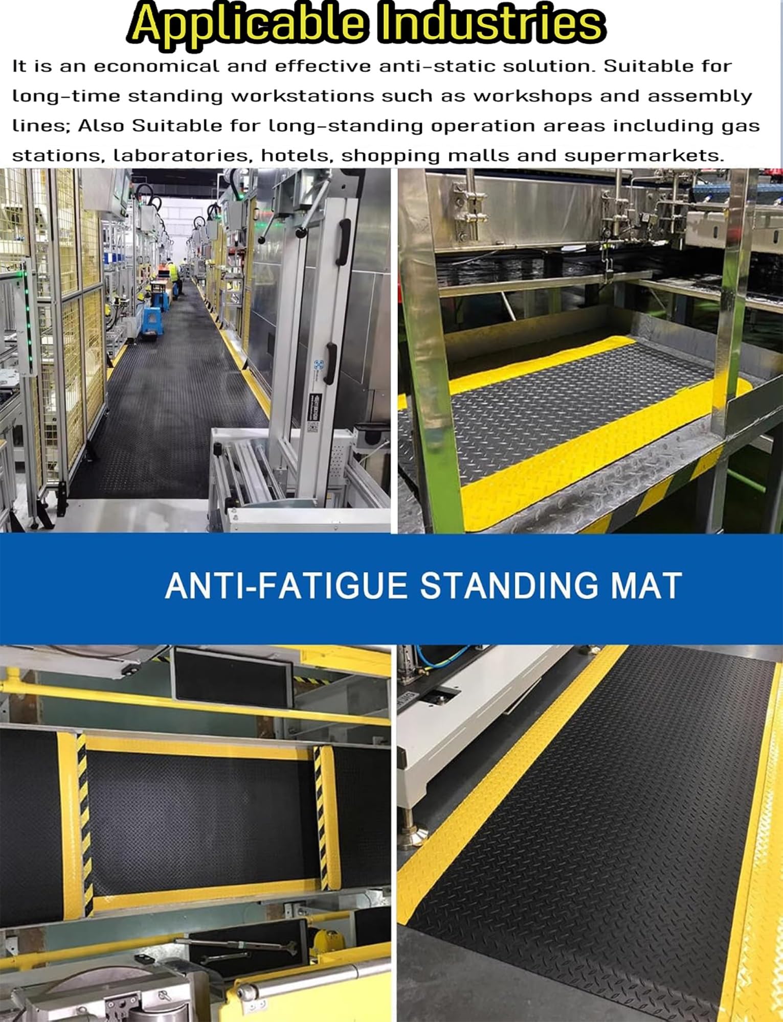 Alfombra antifatiga Industrial PVC 20mm Esterilla Suelo Antideslizante | Para talleres y almacenes con acolchado cómodo, diseño diamante y apoyo prolongado(Black-Yellow,70x60cm)