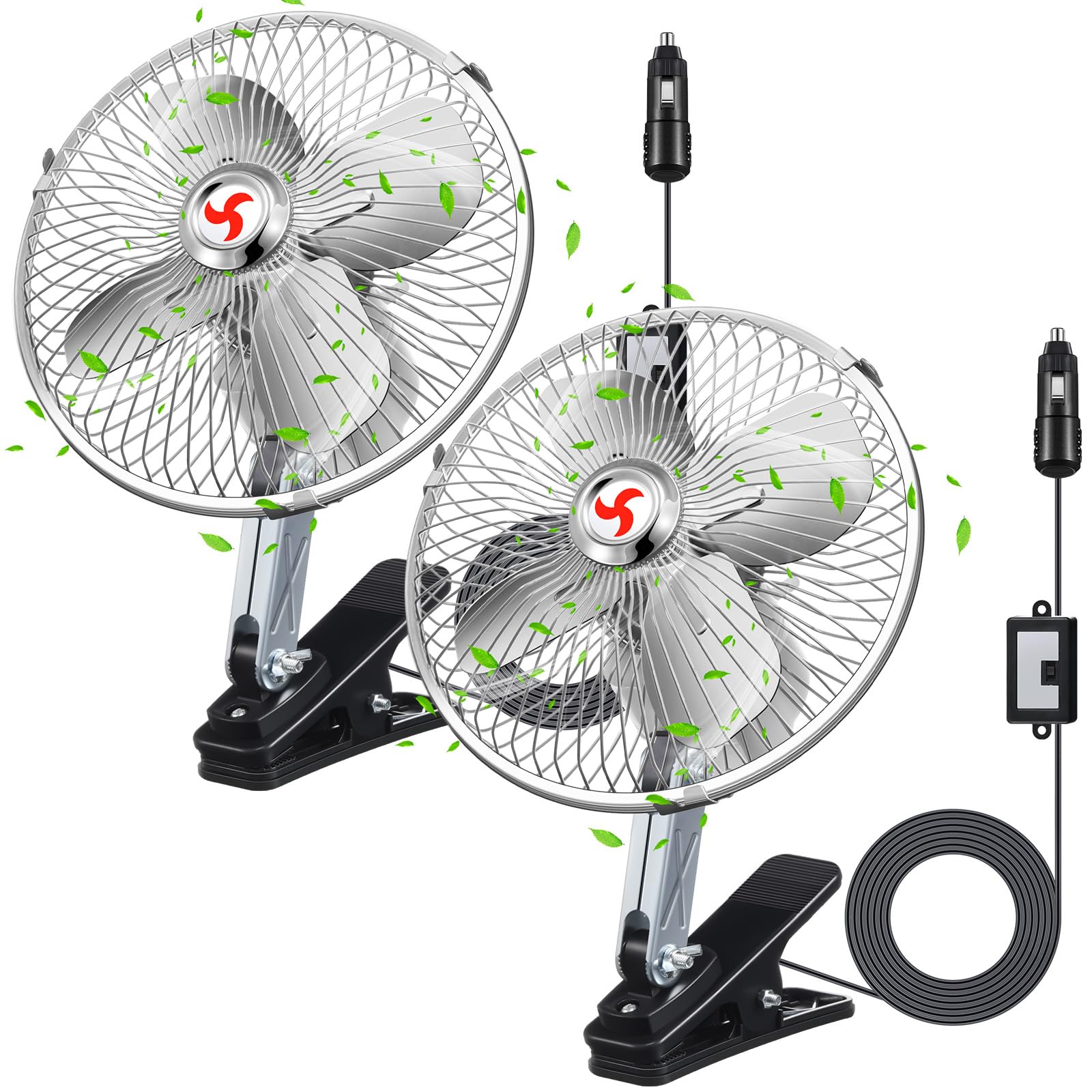 Tujoe 2 Pack 12v Car Fan Clip on Silver Cigarette Lighter Plug Vehicle Oscillating Ventilated Cooling Air Fan with 360 Degree Rotate Metal Portable