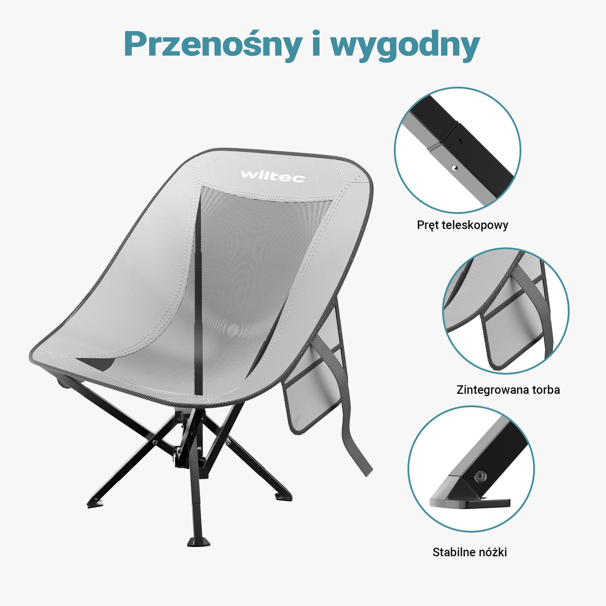 Wiltec Krzesło turystyczne składane z oparciem do 100 kg, lekki fotel kempingowy, plażowe i wędkarskie, kompaktowe siedzisko outdoorowe z pokrowcem