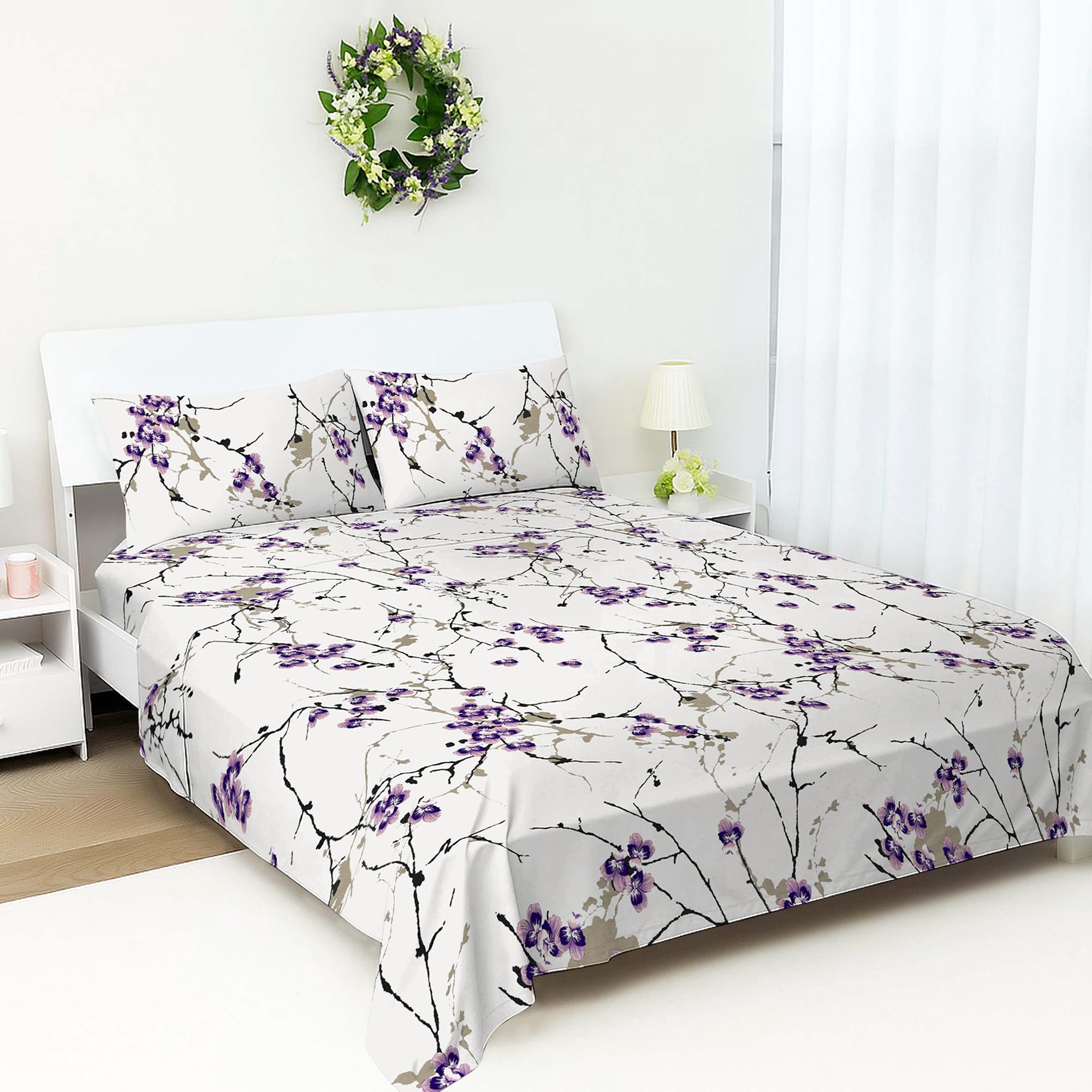 RAYBedding 100% Egyptian Cotton Floral Flat Sheet โ 400 Thread Count Ultra-Soft & Breathable Bedding โ Elegant Floral Printed Double Flat Sheet