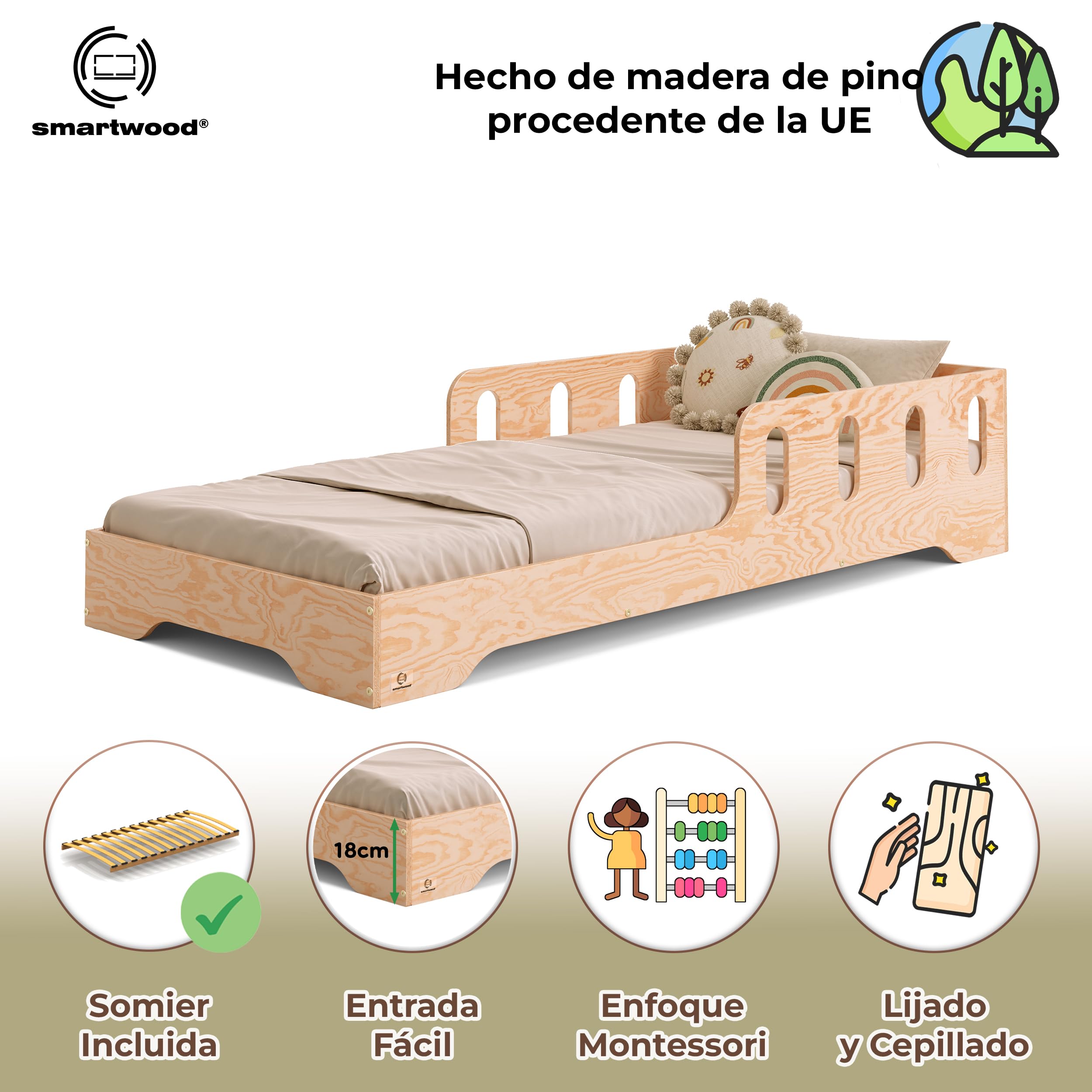smartwood Cama Montessori 90x190 cm Madera - Cama Infantil de Madera con Certificado FSC, con Barrera Anticaídas y Somier Flexible para 230 kg - para Niño y Niña - Montaje Sencillo - TILA 6