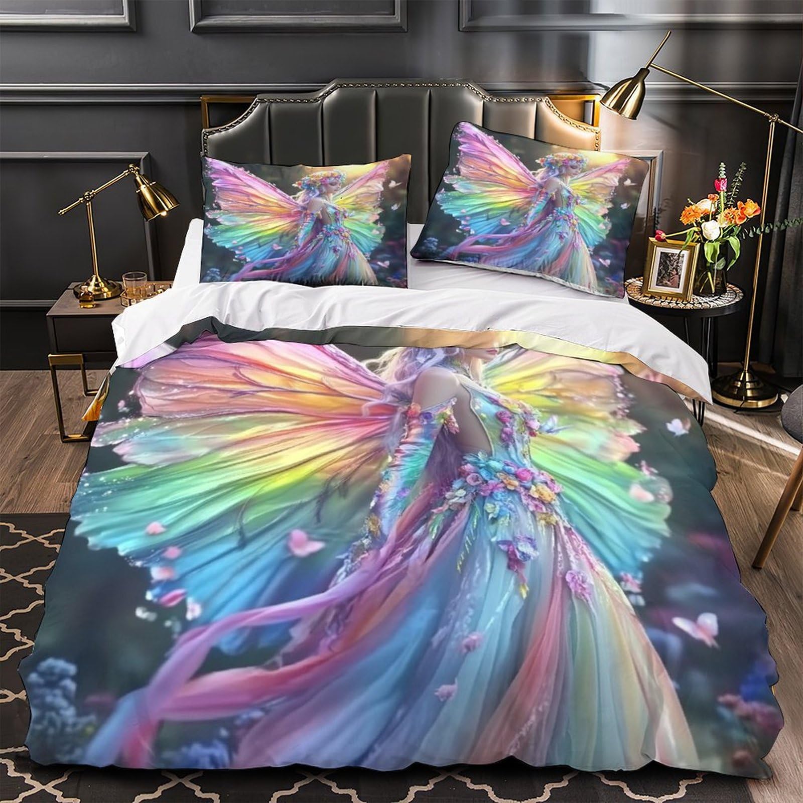 MMDASBVPE Rainbow Fairy Wings Duvet Cover 3D Print Breathable 3-Piece Bed Set Hidden Zipper Fantasy Quilt Cover Luxury Hypoallergenic for Teens Adults Kids Women Girls Boys Youth Double（200x200cm）