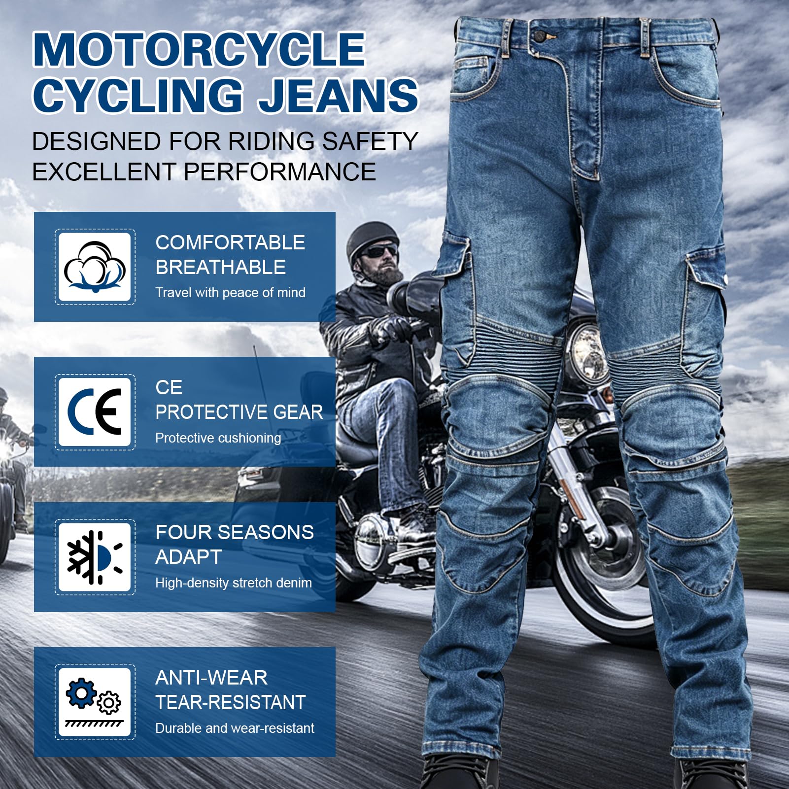 Herren-Motorradjeans, Schützende Motorrad-Reithose, Aus Bequemem Und Atmungsaktivem Stoff Mit Sicherheitsschutzvorrichtung