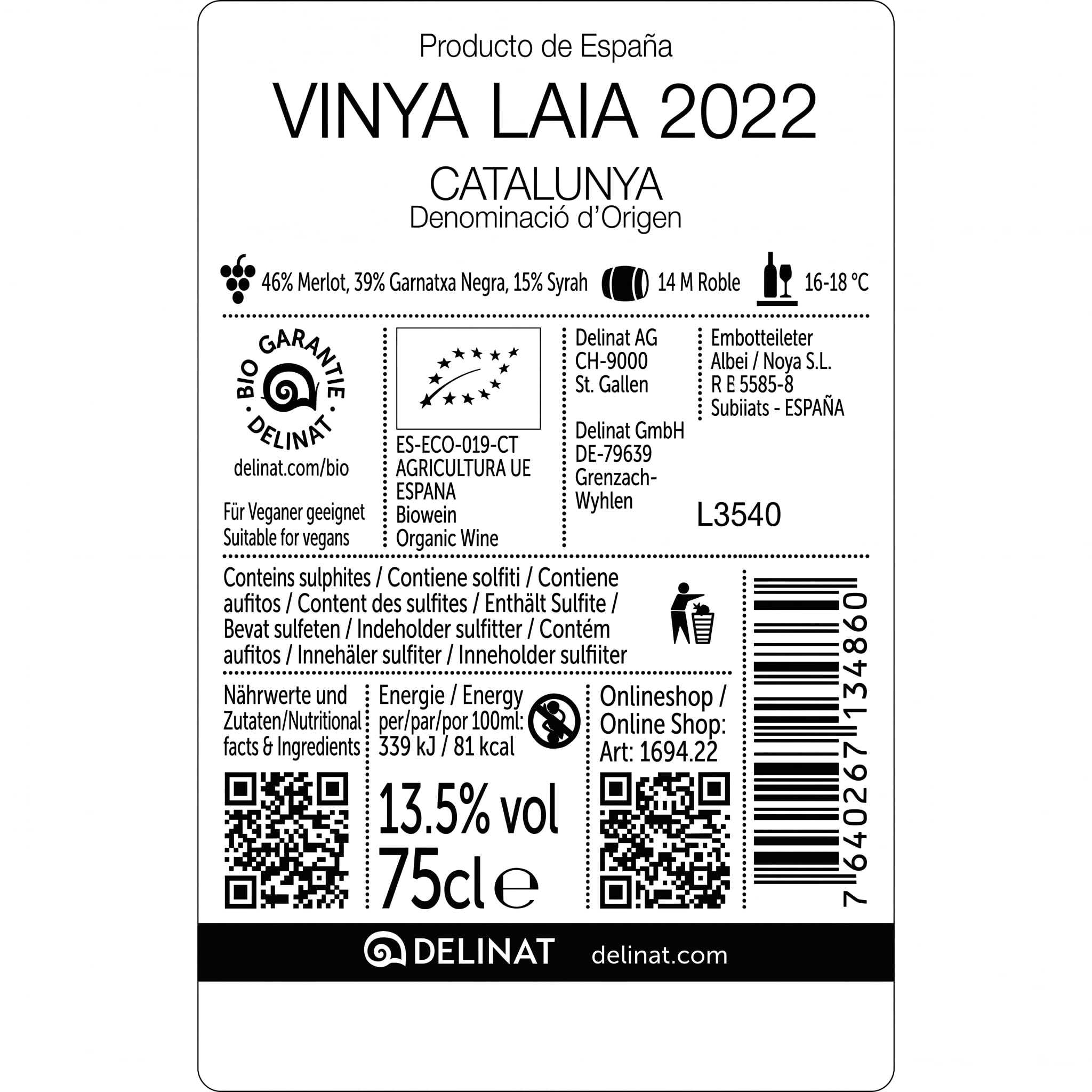 DELINAT Vinya Laia 2022 – Spanischer Bio-Rotwein trocken aus Katalonien | Sortenreiner Merlot aus dem Penedès im Barrique ausgebaut– Veganer Qualitätswein 3 x 0,75l
