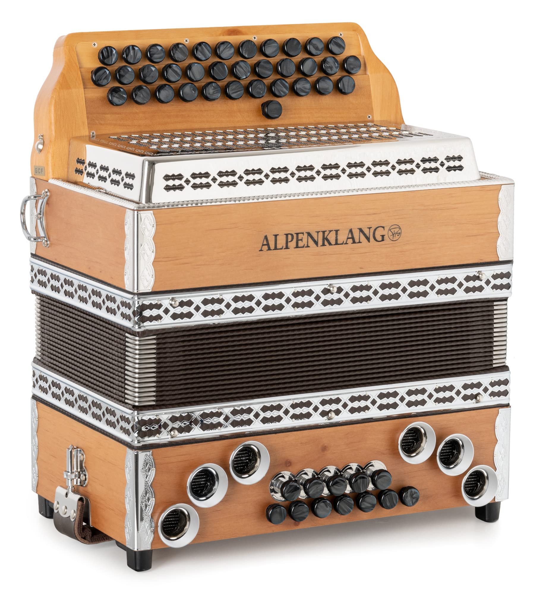 Alpenklang Pro Learn 23 Harmonika B-Es-As - 35 Knopftasten + 1 Zusatzton (3-reihig, 2-chörig) - X-Bass gekoppelt und 6 Helikon-Bässe - inklusive Koffer und Riemen - Buche