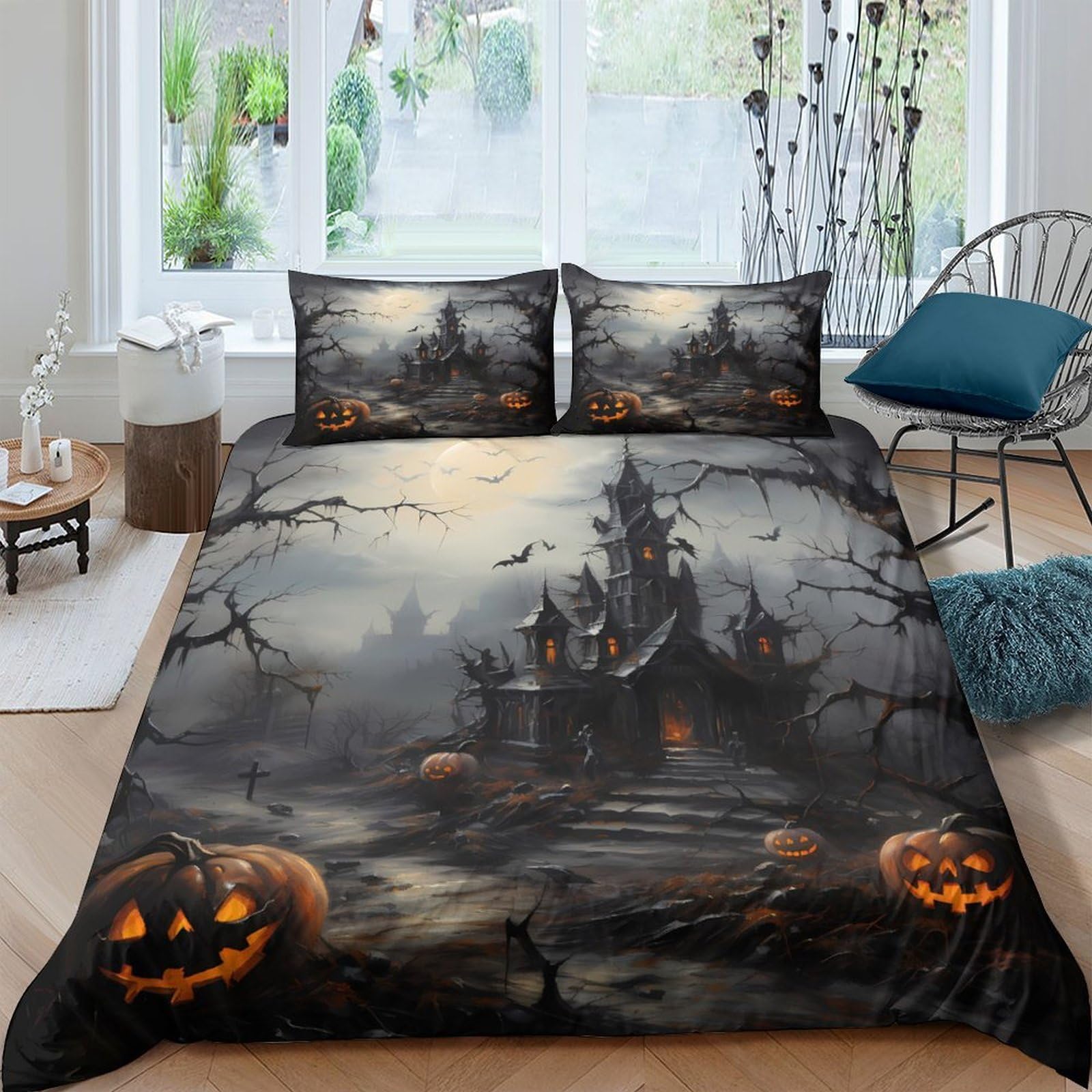 Ctjqhvkz Style-3 3D Printed Haunted Castle Fitted Sheet Microfiber Soft Gothic Pumpkin Mattress Cover For Bedroom Dorm Decor Protection Single（135X200cm）