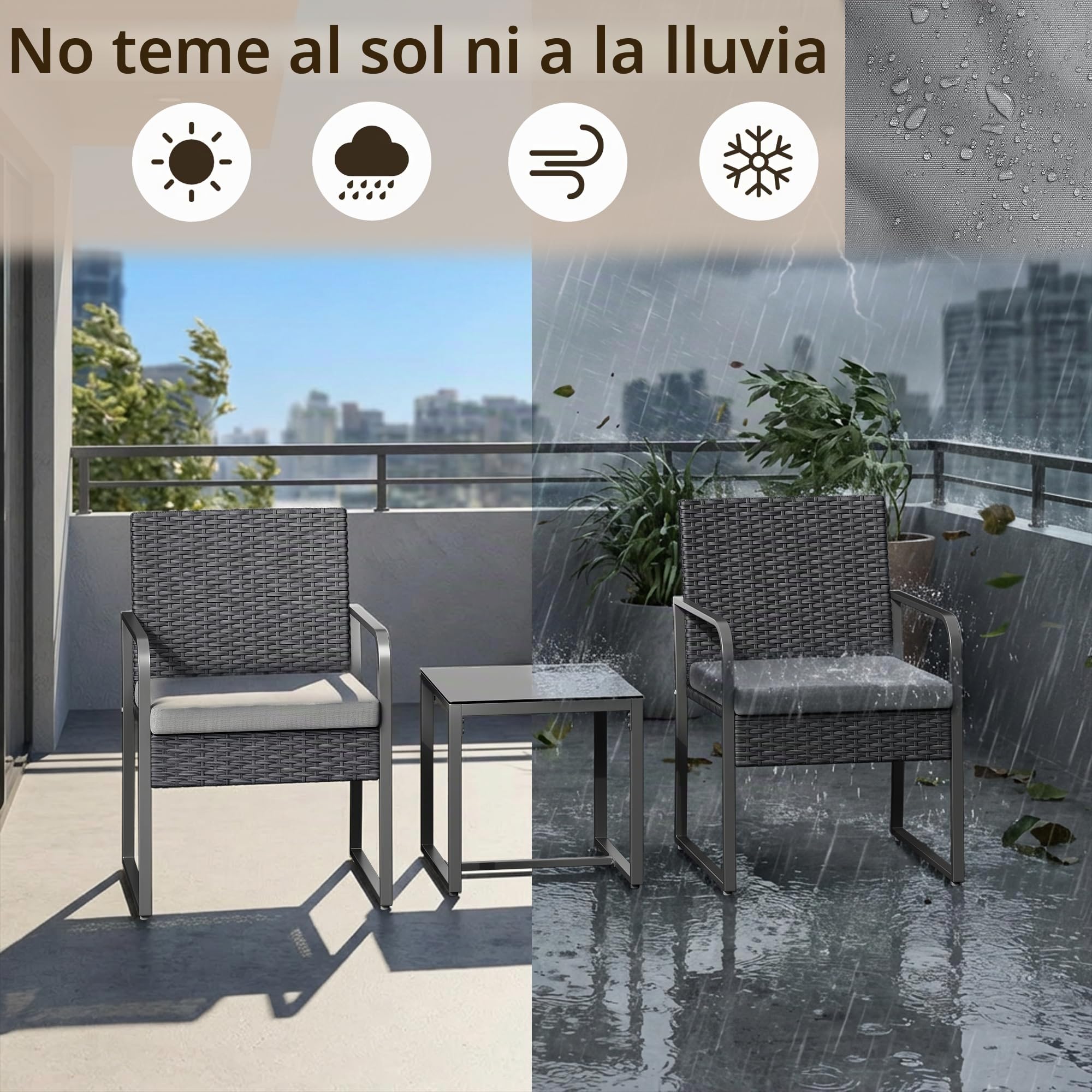 Juego de Jardín de Ratán para 2 Personas, Conjunto de Exterior Mimbre con Cojines, Mesa y 2 Sillas para Terraza, Balcón, Jardín o Área de Piscina (Gris)