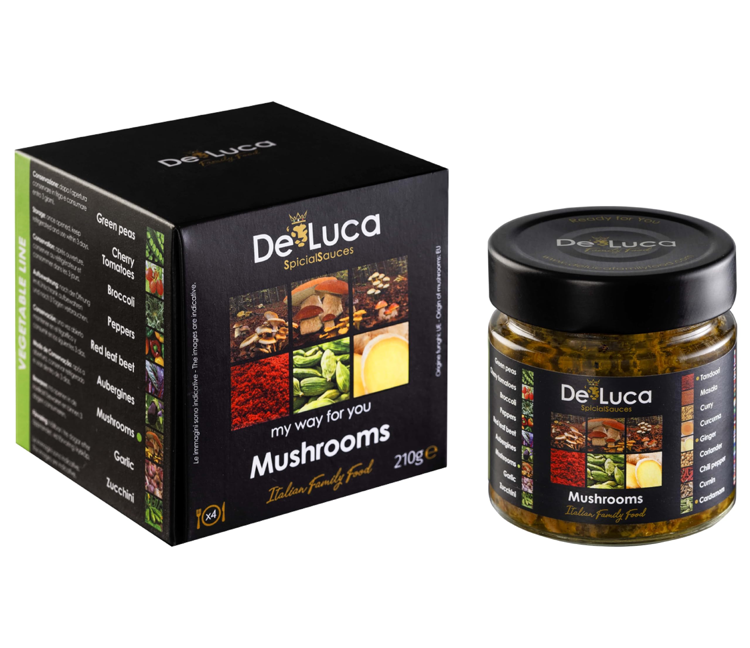 De Luca Family Food: 5 salsas Made in Italy, especiadas y listas para usar. Tomato 220gr, Tomato Tandoori 220gr, Olives Tomato 220gr, Zucchini 210gr, Mushrooms 210gr. Vegetarianos.