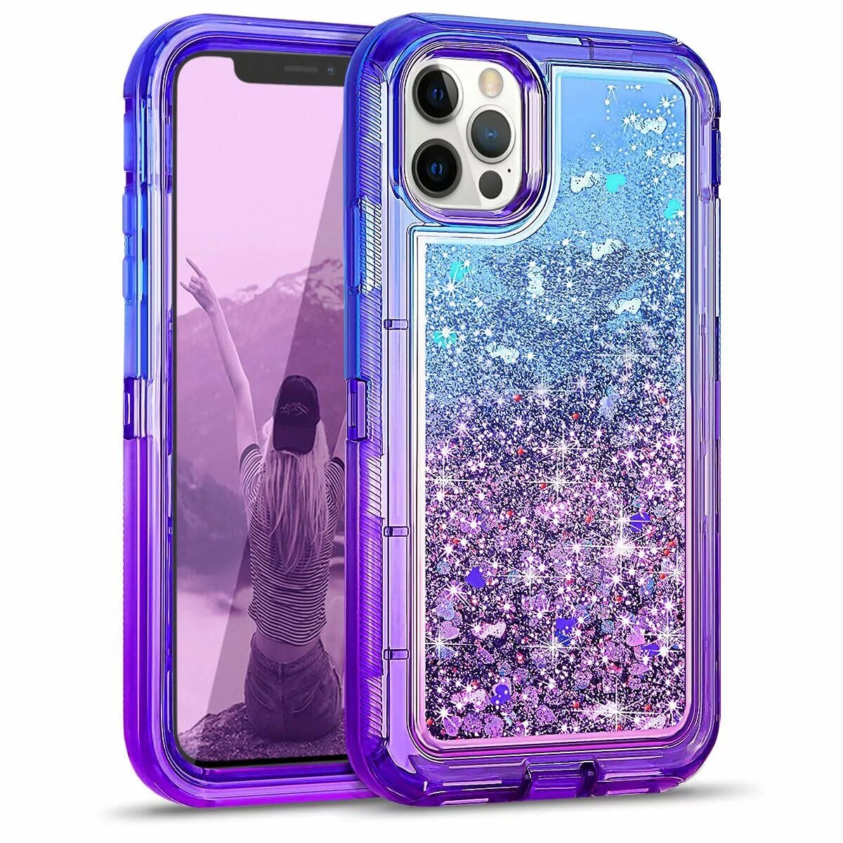Fastsun 16 Pro Max Dual Layer Liquid Case, Heavy Duty Luxury Bling Sparkle Liquid Shiny Floating Glitter Cover Full-Body Protection Shockproof Case
