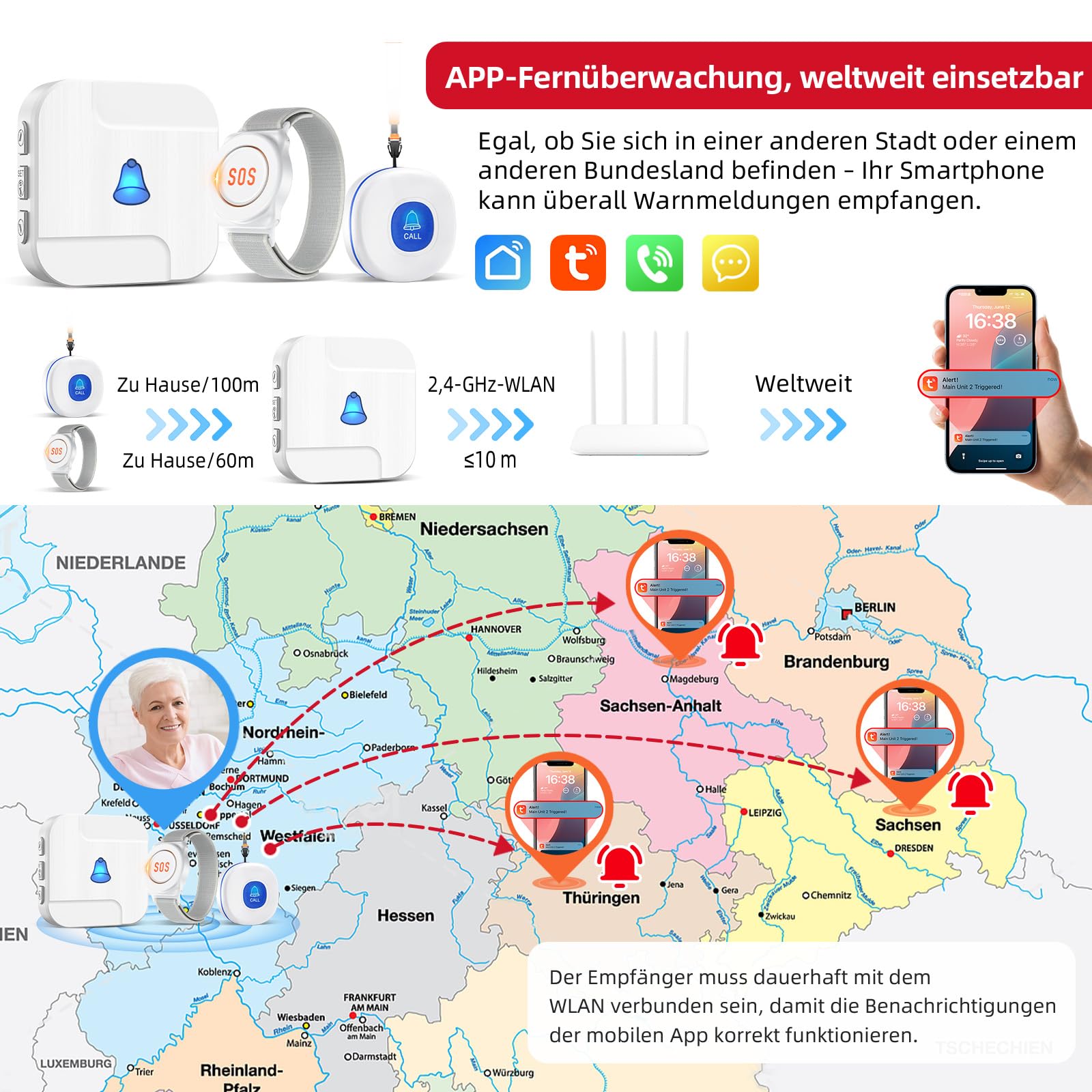 CallToU Collier Alerte pour Personne Âgée WiFi, Alarme Senior avec Notifications Smartphone, Partage Familial Multi-utilisateurs, sans Limite de Distance