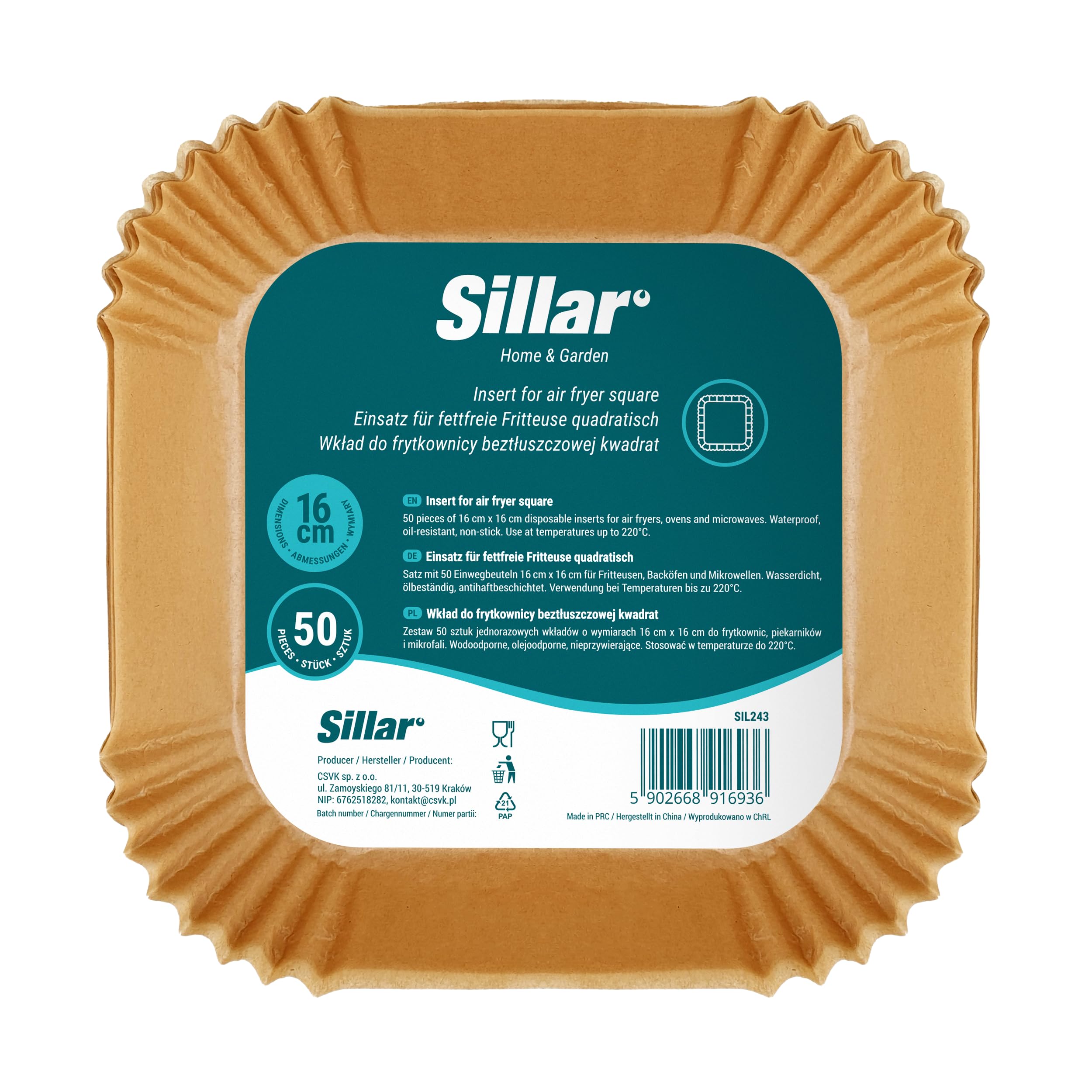 Sillar Papier do Frytkownicy Kwadratowy 16 cm 100 arkuszy Papier Pergaminowy do Airfryera, Nieprzywierającey, Olejoodporny, Odporność termiczna do 220°C Zestaw papieru do pieczenia do Airfryer