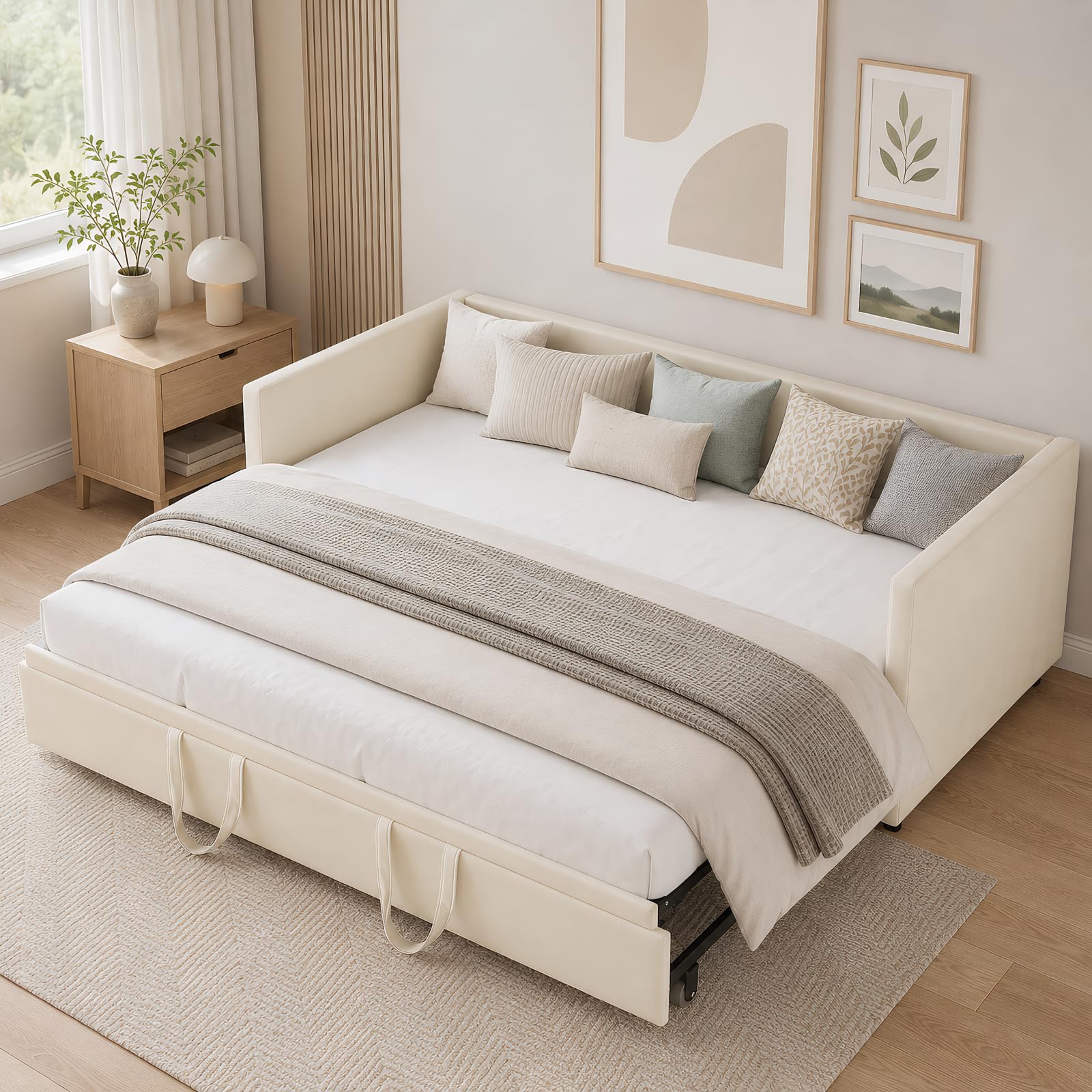 Cama tapizada, sofá cama extensible para 2 personas, cama nido de la misma altura, sofá cama con somieres y respaldo, cama multifunción, tela de terciopelo, sin colchón (beis, 90/180 x 200 cm)