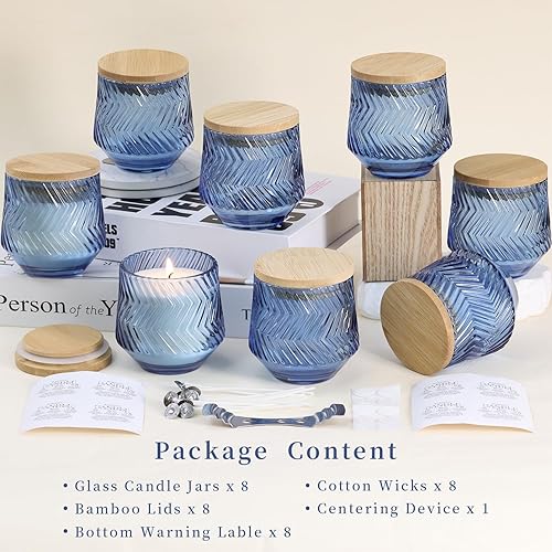 Miniatura 2 de 8 tarros de velas azules de 7 onzas para hacer velas, tarros de vela únicos acanalados, tarros de vidrio con tapas de bambú y etiquetas