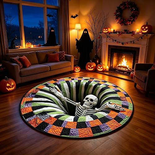3D Halloween Rug, Spooky Ghost Skeleton 3D Optical Illusion Round