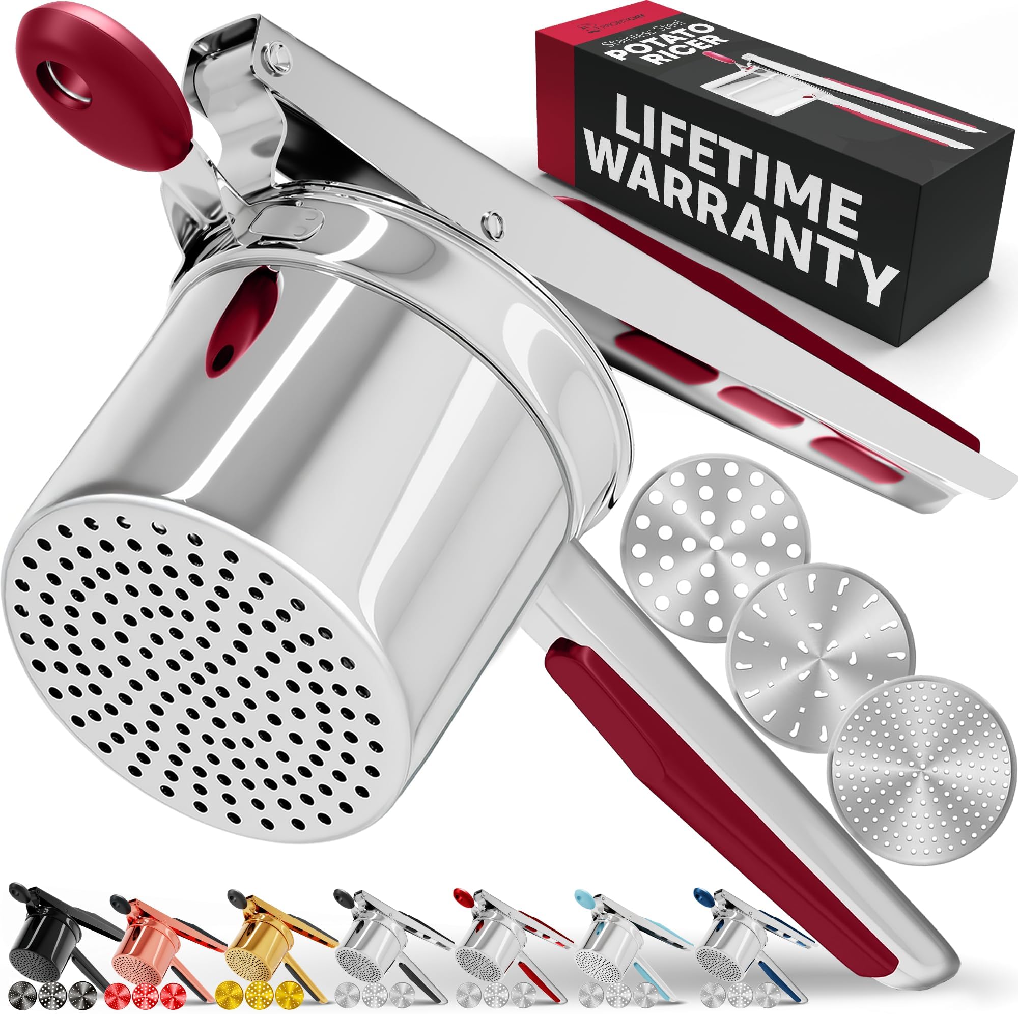 PriorityChef Large 15oz Potato Ricer With 3 Discs, Heavy Duty Stainless Steel Potato Ricer for Mashed Potatoes, Potato Masher, Press and Ricer Kitchen Tool, Red