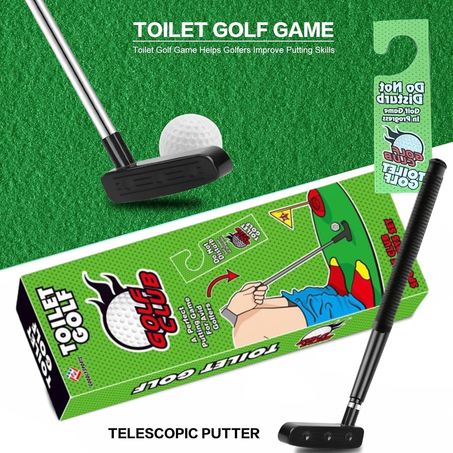 Kiuiom Funny Potty Putter,Mini-Golf para Baño,Juegos de Golf para Inodoro,WC Juego de Golf con Palo,2 Pelotas y Colgador para Puerta,Un Regalo Divertido para el Inodoro Que es Adecuado para Regalar