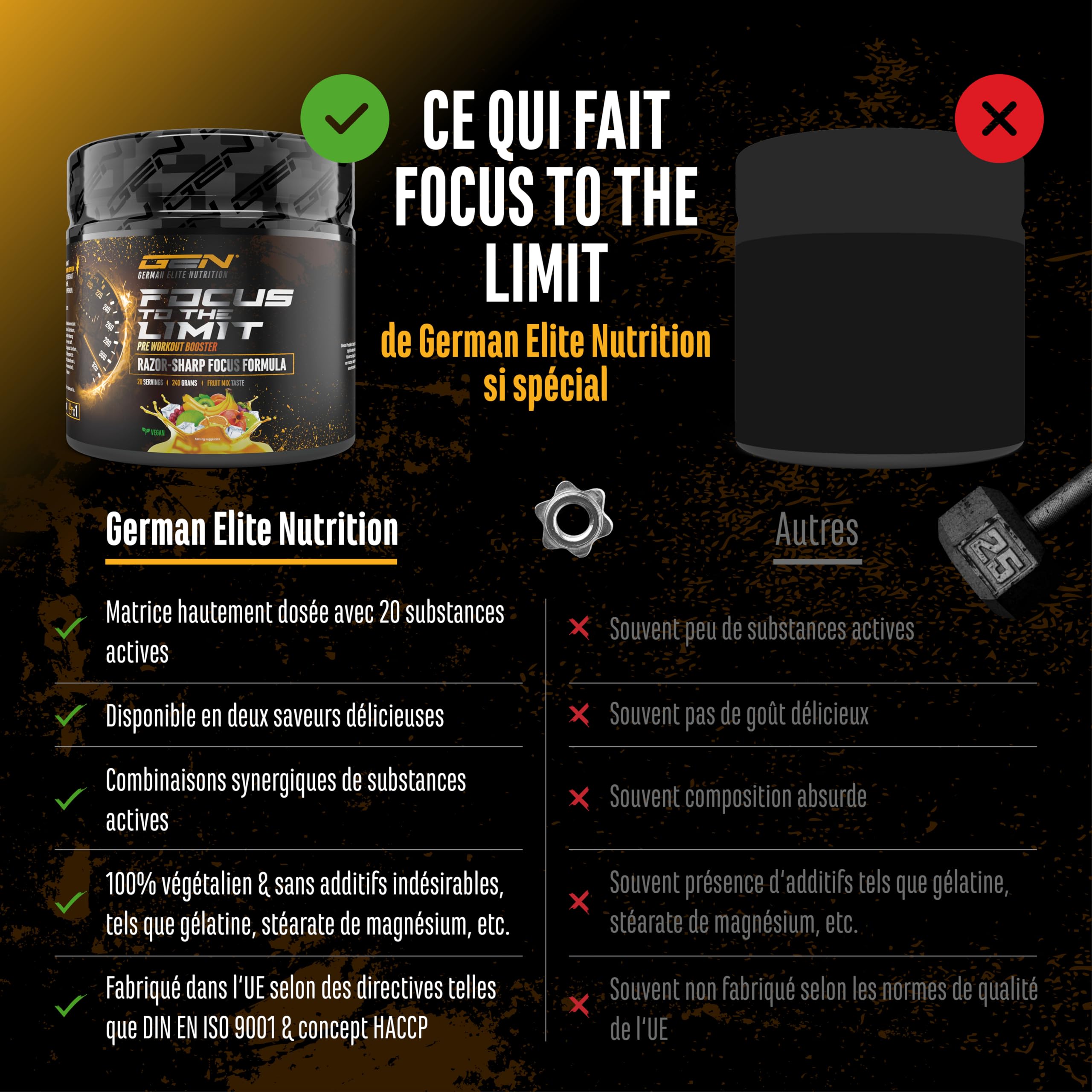 Focus to the Limit - Pre Workout hautement dosé avec L-Tyrosine + Taurine + Inositol + Extrait de Ginkgo + Citicoline + Rhodiola rosea + Caféine & Vitamines - (240 g, goût Mélange de fruits)