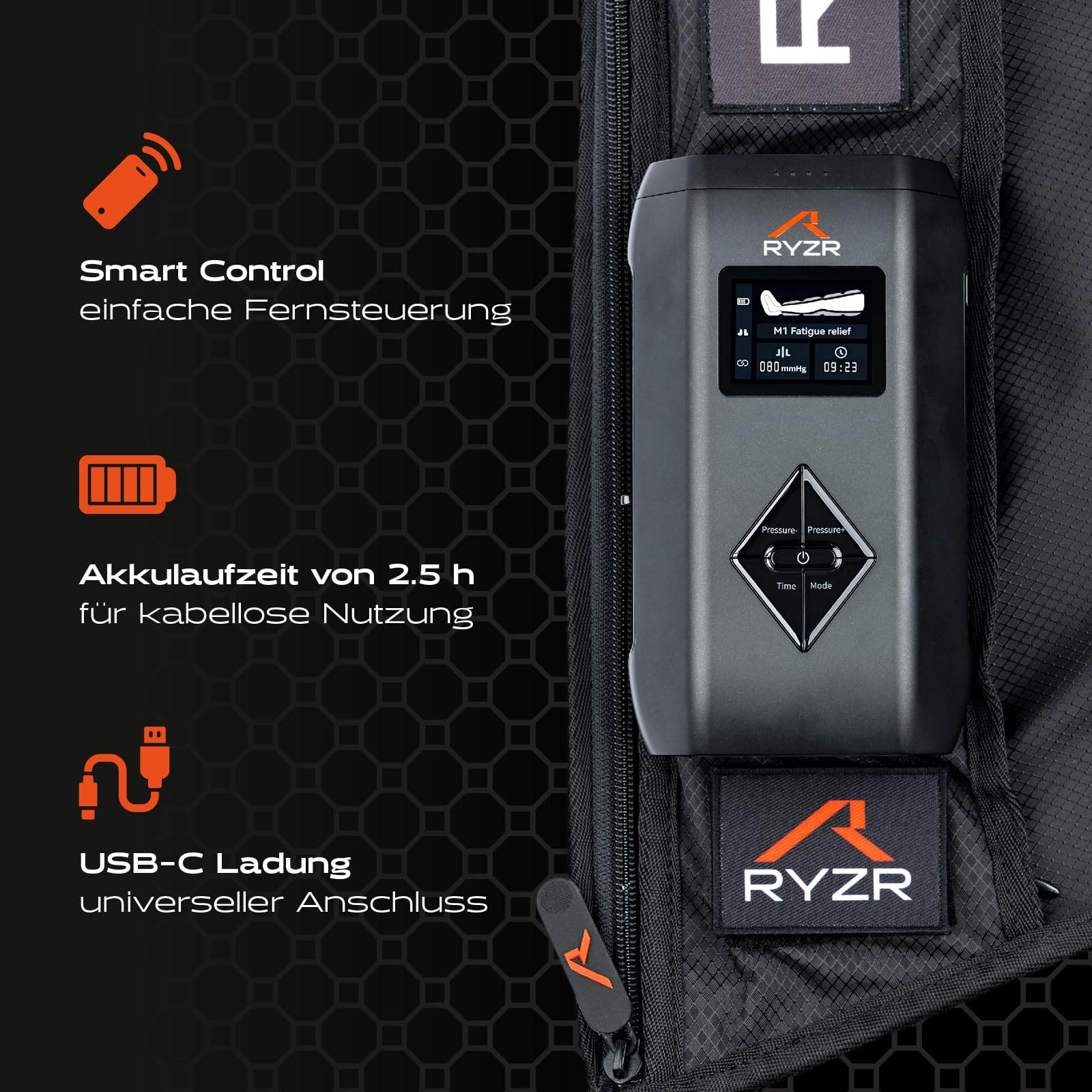 RYZR Airboots (XL) Kabellose Recovery & Kompressions Boots für Beine & Oberschenkel aus dem Profisport– 5-Kammer-System bis 180 mmHg, 5 Modis, Durchblutung, Lymphdrainage & Muskelregeneration