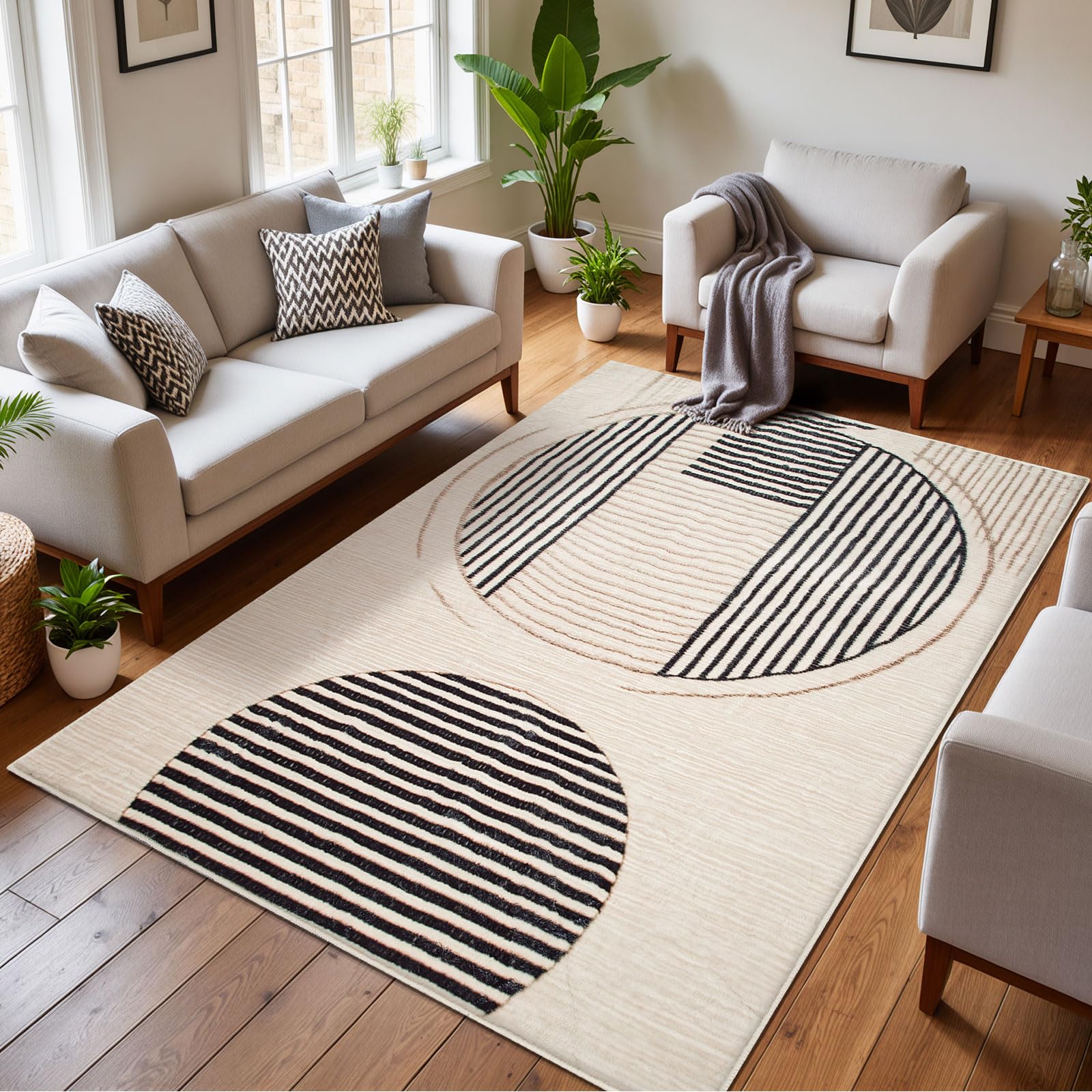 Calore Washable Rugs Living Room 160x200cm, Soft Geometric Rug Beige Non-Slip Large Area Rugs Short Pile Carpet Bedroom Dining Room โ image 1