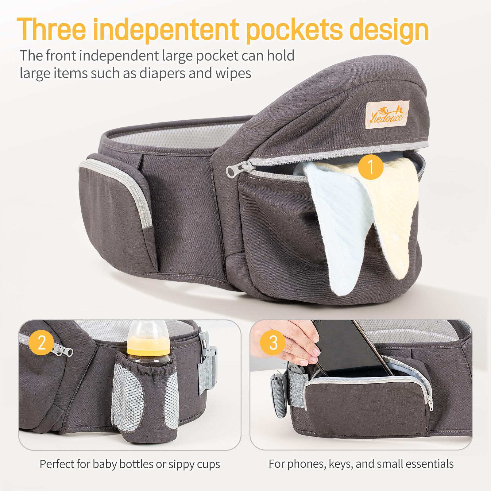 Viedouce Baby Hüftsitz Ergonomische mit Sicherheitsgurt Schutz,Reine Baumwolle Leicht und atmungsaktiv,Ergonomischer Leichte Taille Hocker Baby Hüftsitz für 4-36 Monate (Dunkelgrau)