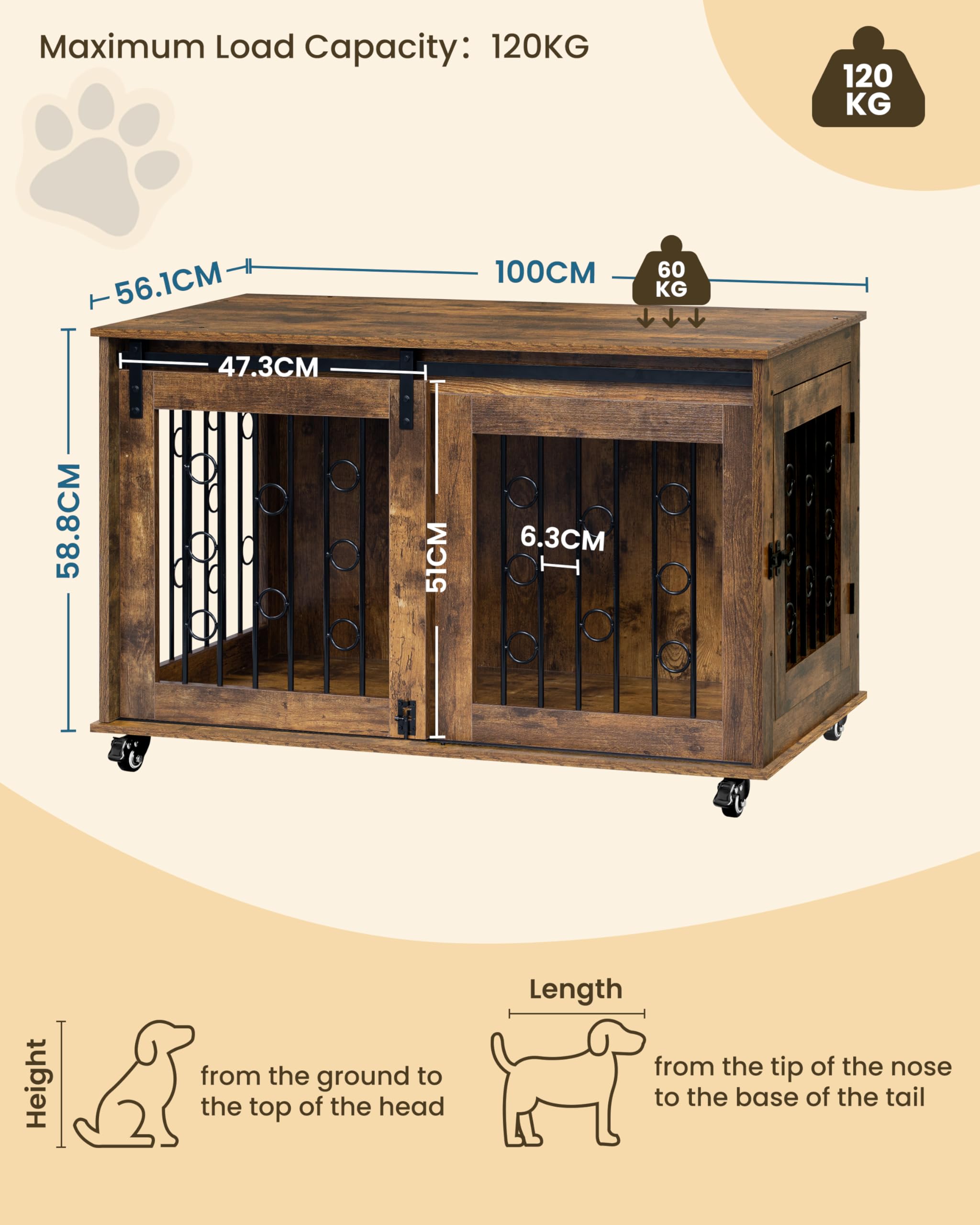 EUGAD 100cm Gabbia per Cani, Mobile Kennel per Cani da Interno, Kennel Cane in Legno con 2 Porte Ruote 360° Gabbie per Cane Medio Grande, Dog Crate Arredamento Marrone Vintage 100x56x65cm