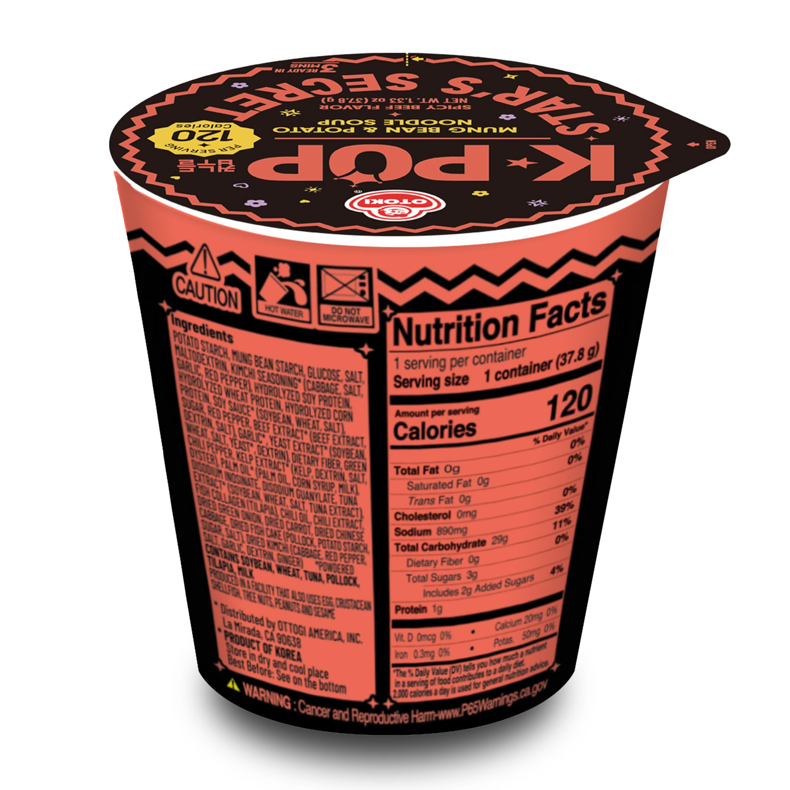 OTOKI K-POP Star’s Secret Cup Noodles Spicy Beef Flavor, 120 Calories, Low-Calorie Instant Ramen, Non-Fried Mung Bean & Potato Noodle Soup, 6 Pack, 37.8g Cups