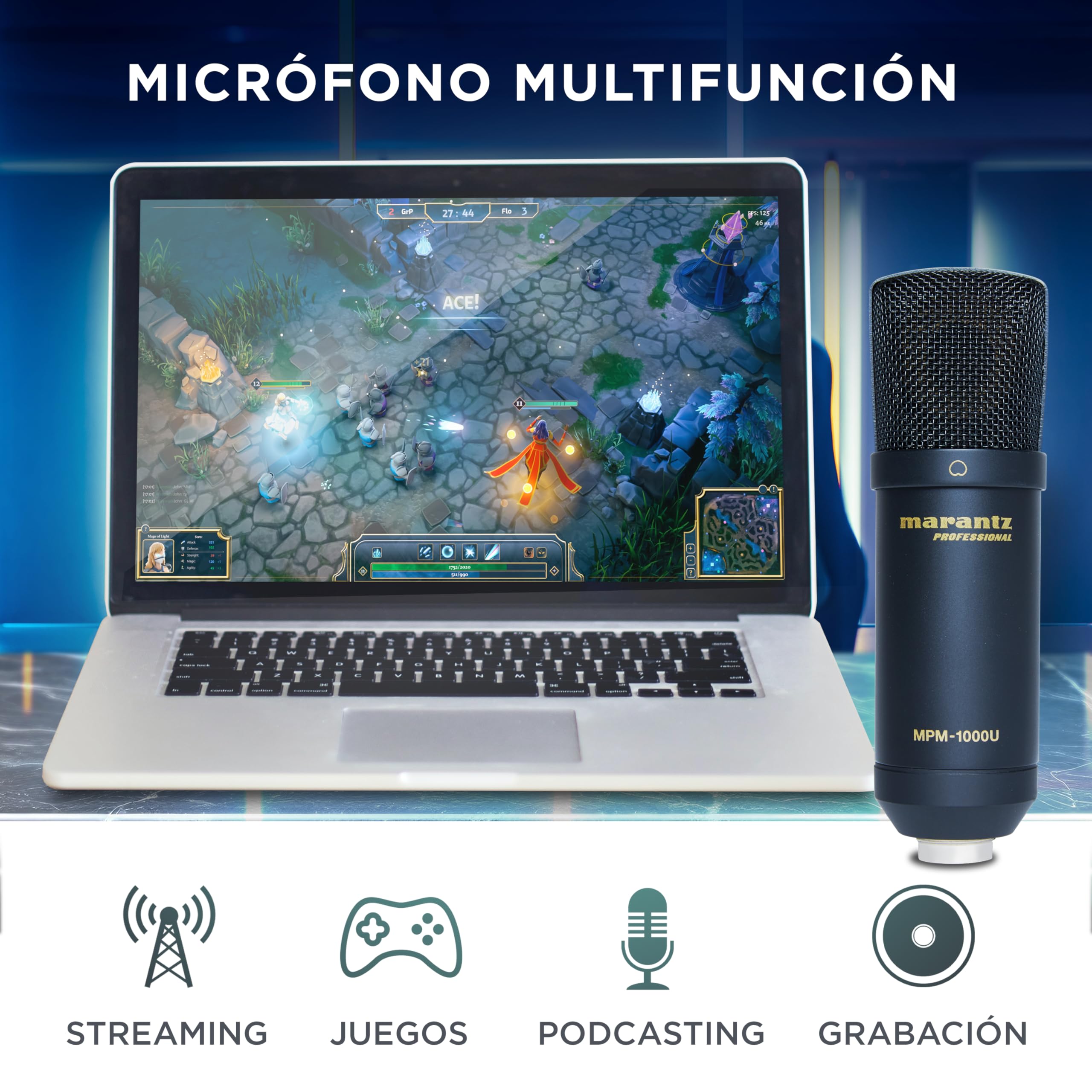 Marantz Professional MPM1000U Micrófono de Condensador USB para Gaming, Streaming y Podcasting - Interfaz de Audio Integrada, Soporte de Escritorio, Plug-and-Play, Negro