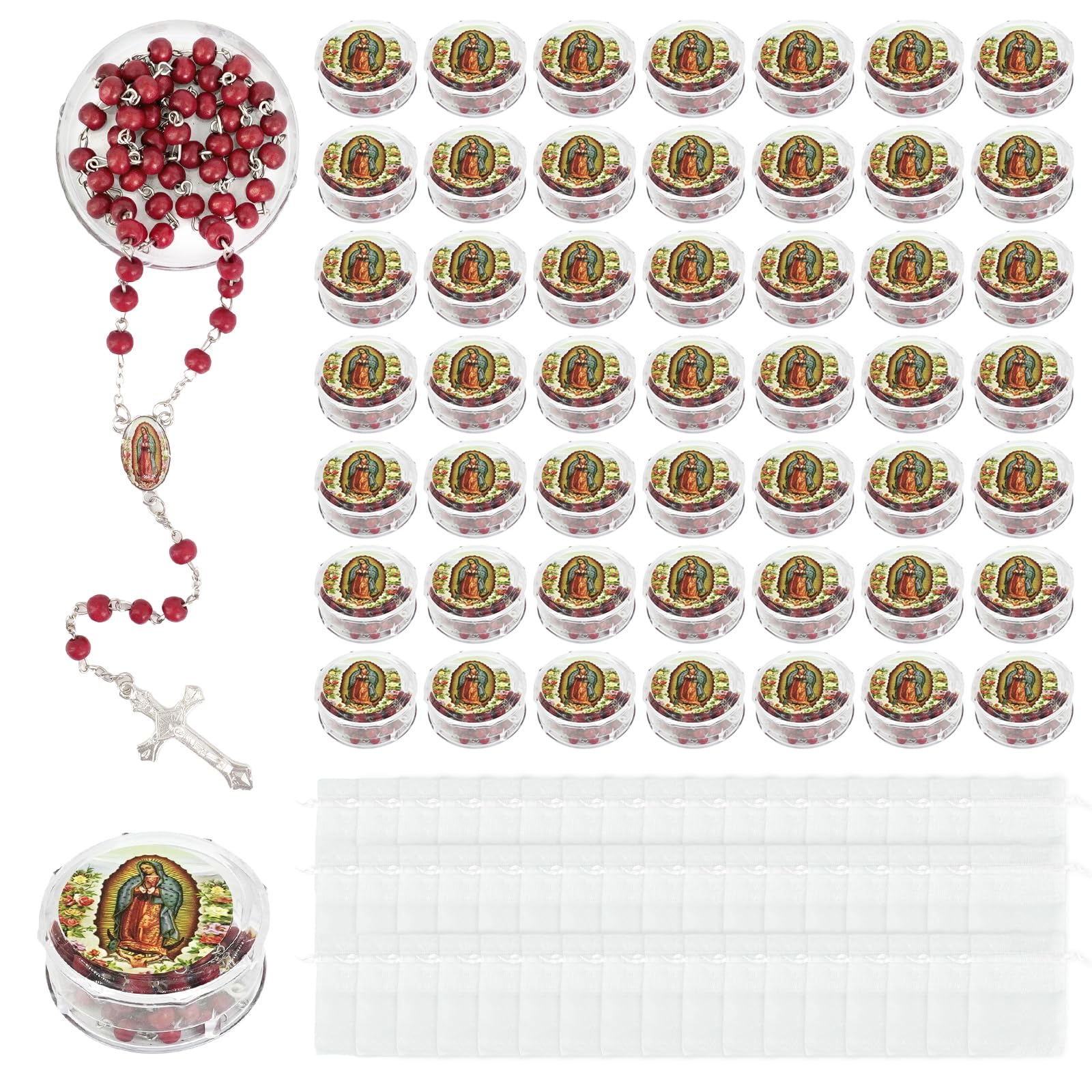 50 Pcs Virgen De Guadalupe Scented Red Rosary Necklace with Gift Box and Wesh Bags Carved Rosary Beads Necklace Catholic Gifts for Funeral Baptism Our Lady of Guadalupe Party Favor