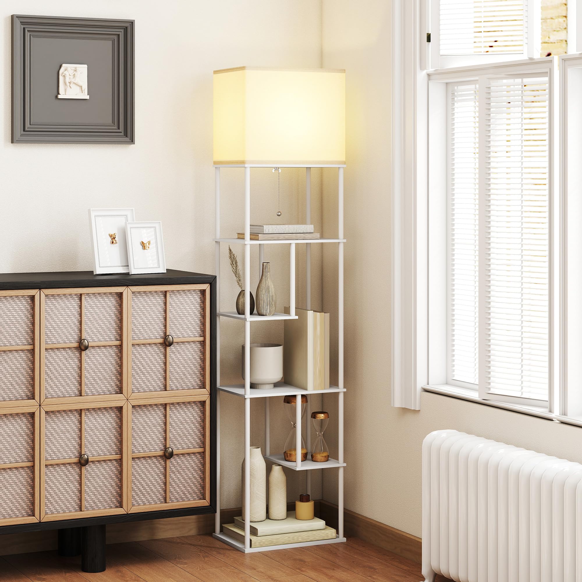 HOMCOM Stehlampe Stehleuchte mit Regalen, einstellbare Helligkeit & Farbtemperatur 3000K-6500K, Fernbedienung, E27-Birne, Timer, für Schlafzimmer, Büro, Wohnzimmer, Weiß