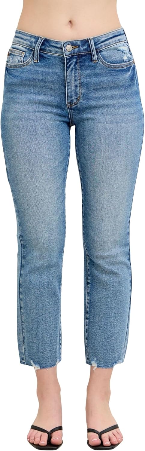 Judy Blue Women's Mid-Rise Vintage Wash Destroy Hem Kick Flare Cropped Jeans