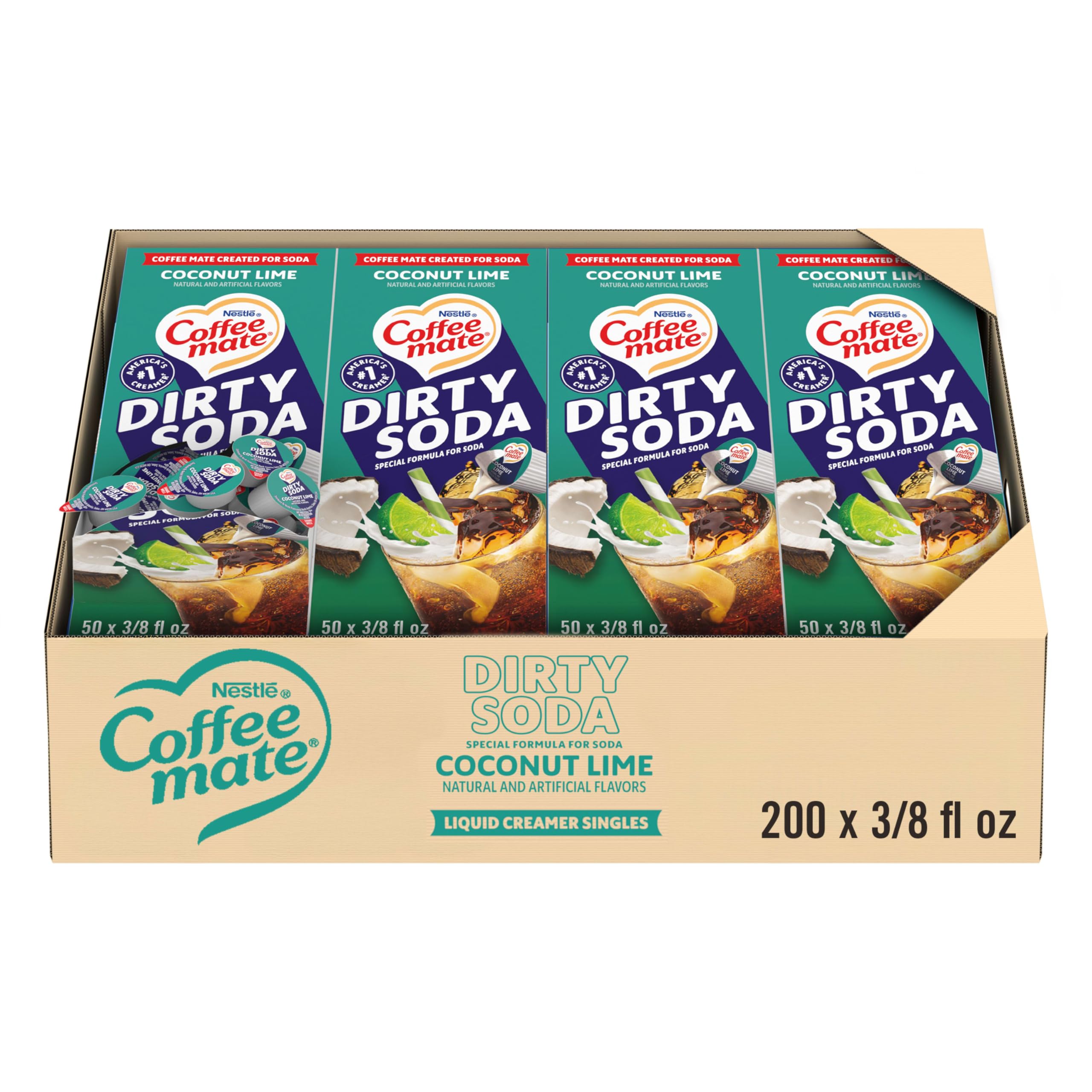 Nestle Coffee mate Creamer, Dirty Soda Coconut Lime Flavor, Liquid Creamer Singles, Non Dairy, No Refrigeration, 0.375 fl oz Tubs (Pack of 200)