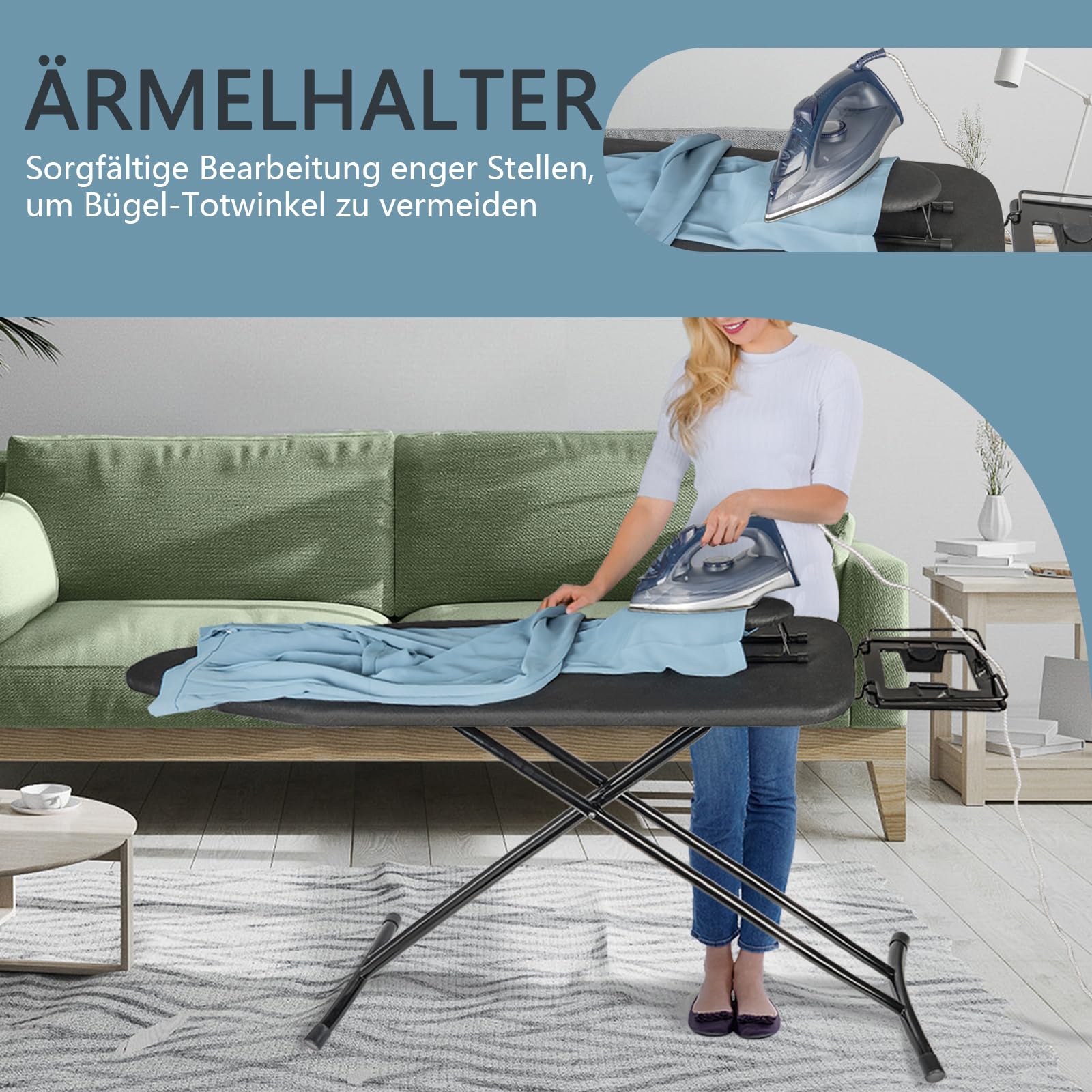 OUUTMEE Bügelbrett Klappbar mit Bügeleisenablage 110 x 30 cm, Zusammenklappbar, Höhenverstellbar, mit rutschfeste Füße, Platzsparend Schwarz (Schwarz)