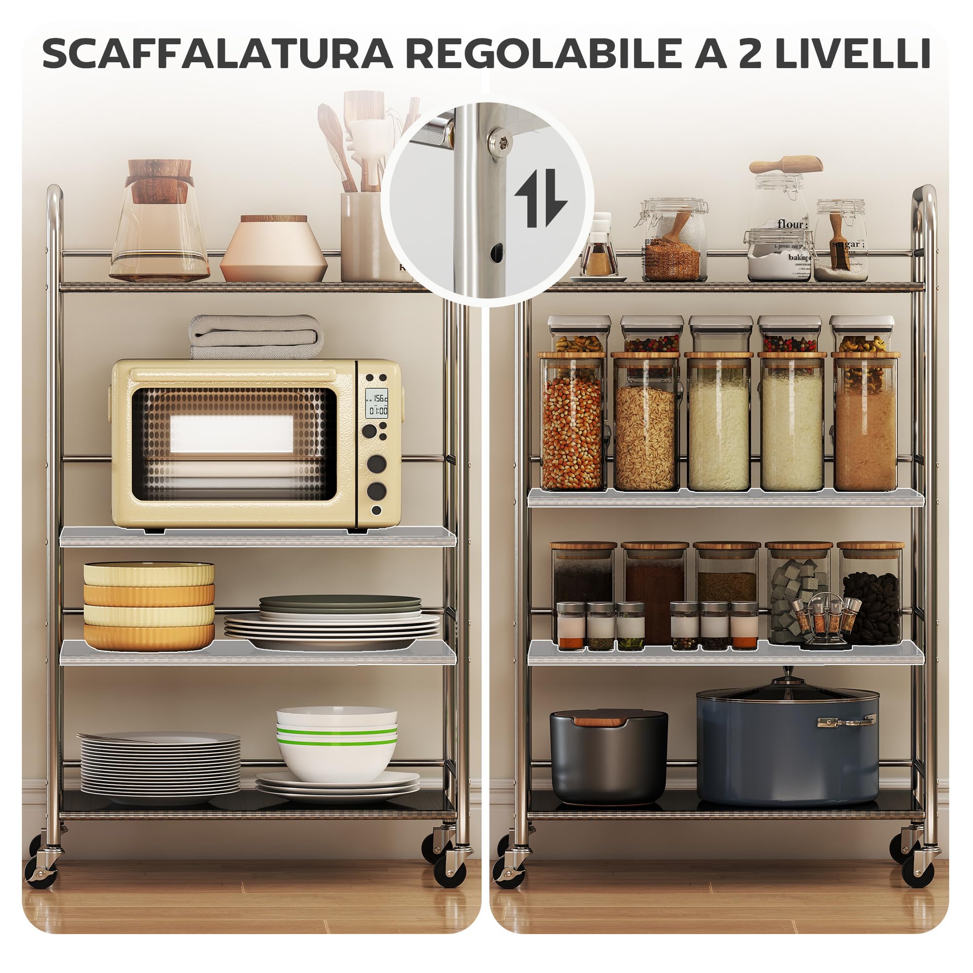 HOMCOM Carrello da Cucina a 4 Livelli con 2 Ripiani Regolabili e Bordi Rialzati, Carrello Cucina Salvaspazio in Acciaio Inox 201 con 4 Ruote e 2 Freni, 60x35x100 cm, Argento