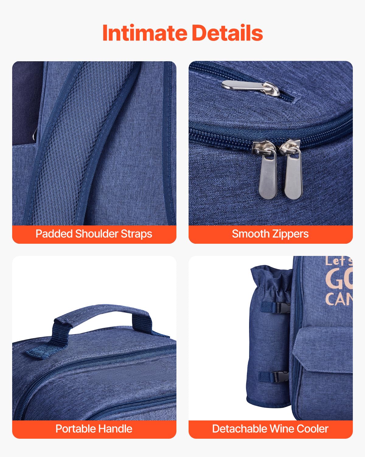 VEVOR Zaino da Picnic per 4 Persone, Capacità di 20 L Borsa da Picnic da Spiaggia con Portabottiglie Vino Staccabile, Coperta Leggera, Piatti e Sei di Posate per Esterni, Blu Marino