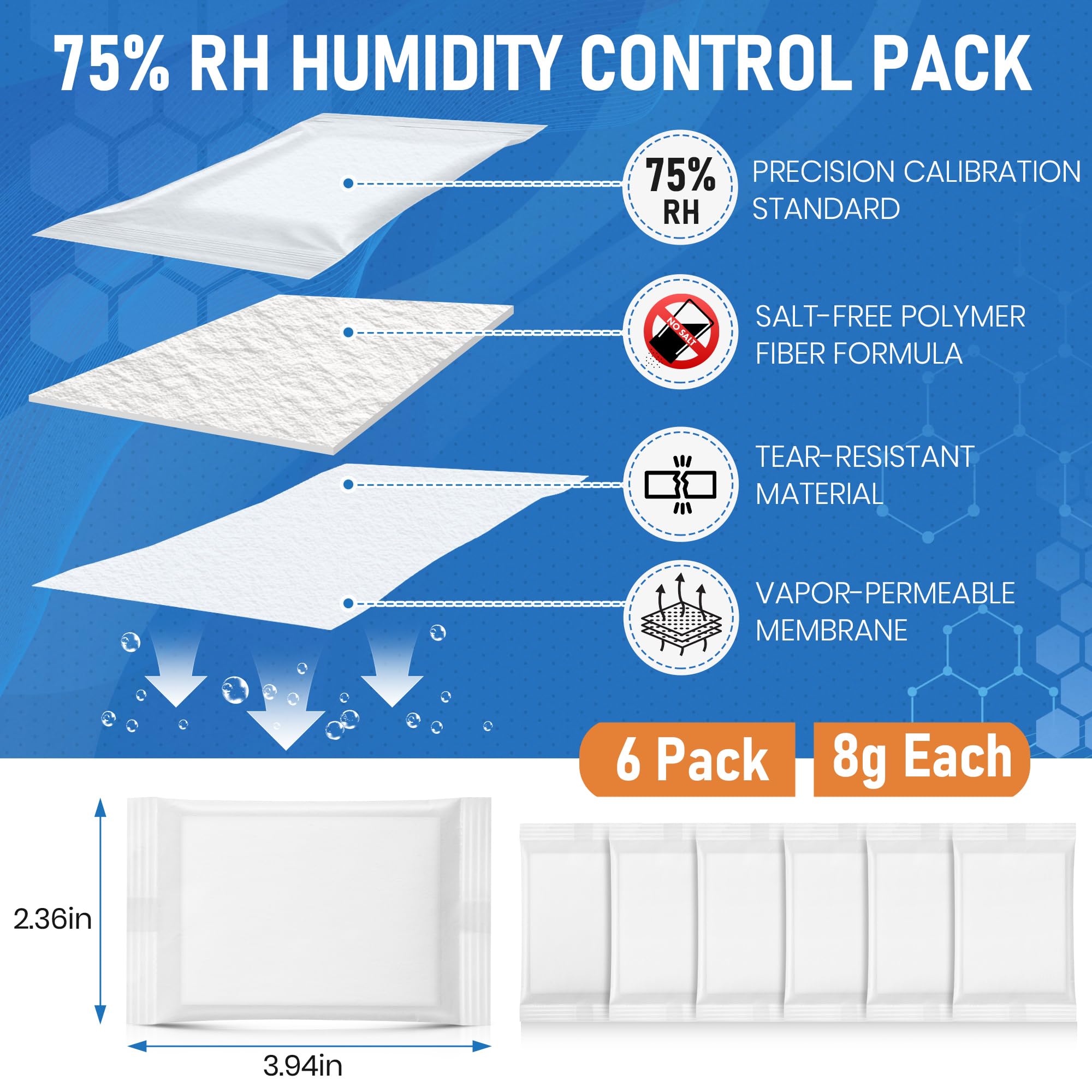 Confezione da 6 kit di calibrazione di igrometro monofase da 30 cm con controllo dell'umidità del 75% RH, pacchetti di controllo dell'umidità per igrometri e sensori digitali e analogici