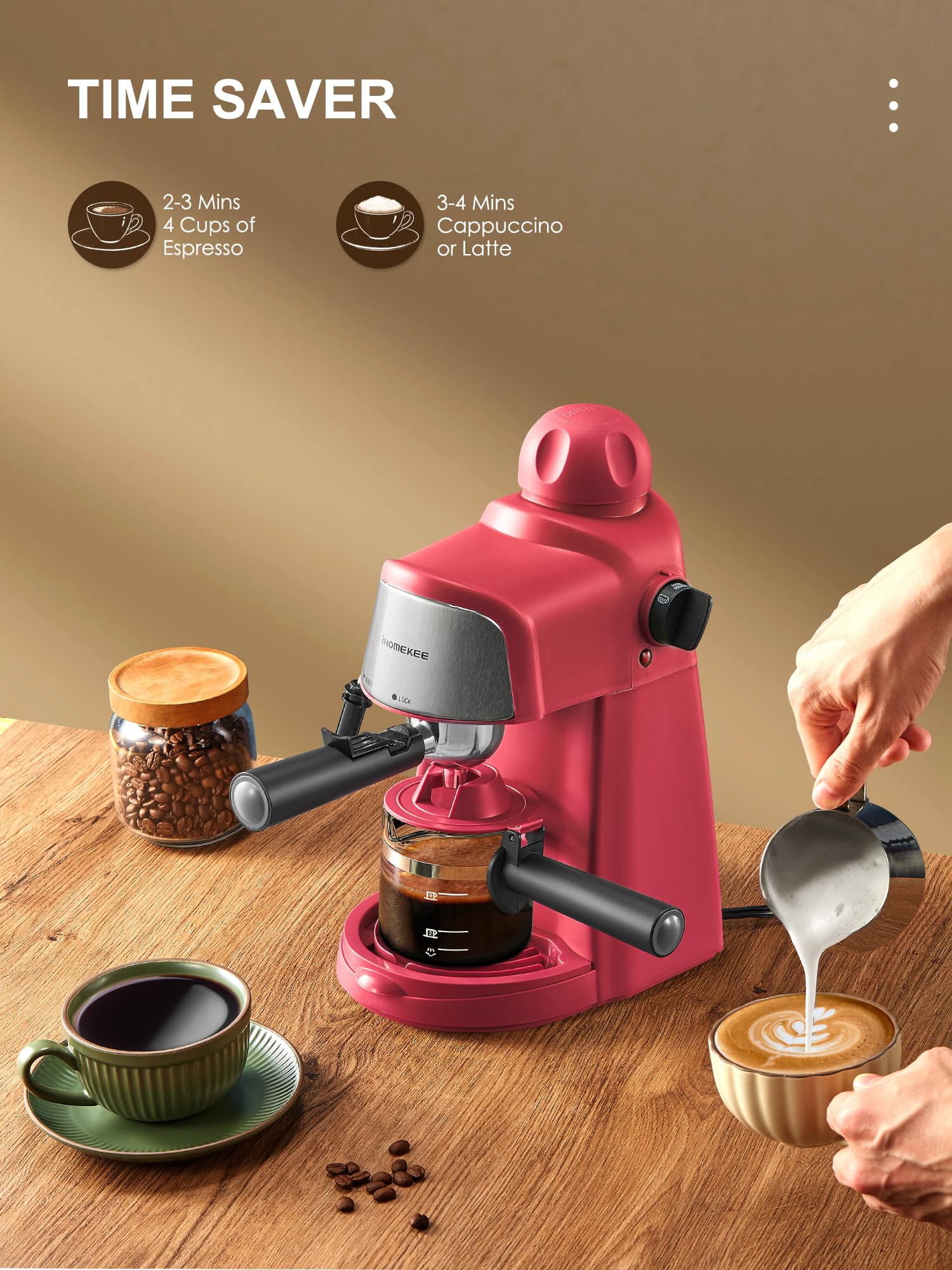 Ihomekee CM6810 - Máquina de café expreso de 3,5 bar y capuchino con función de precalentamiento, cafetera de 4 tazas con función de espuma de leche y varita de vapor (rojo), CM6810
