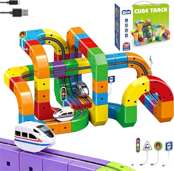 Purova Magic Rail Block Train, Set di Treno Elettrico Klickrail, Gioco Costruttivo con Binari per Treno, Sistema di Montaggio 3D e Vagoni a Motore (Set da 123 Pezzi + 2 Binari) - 1