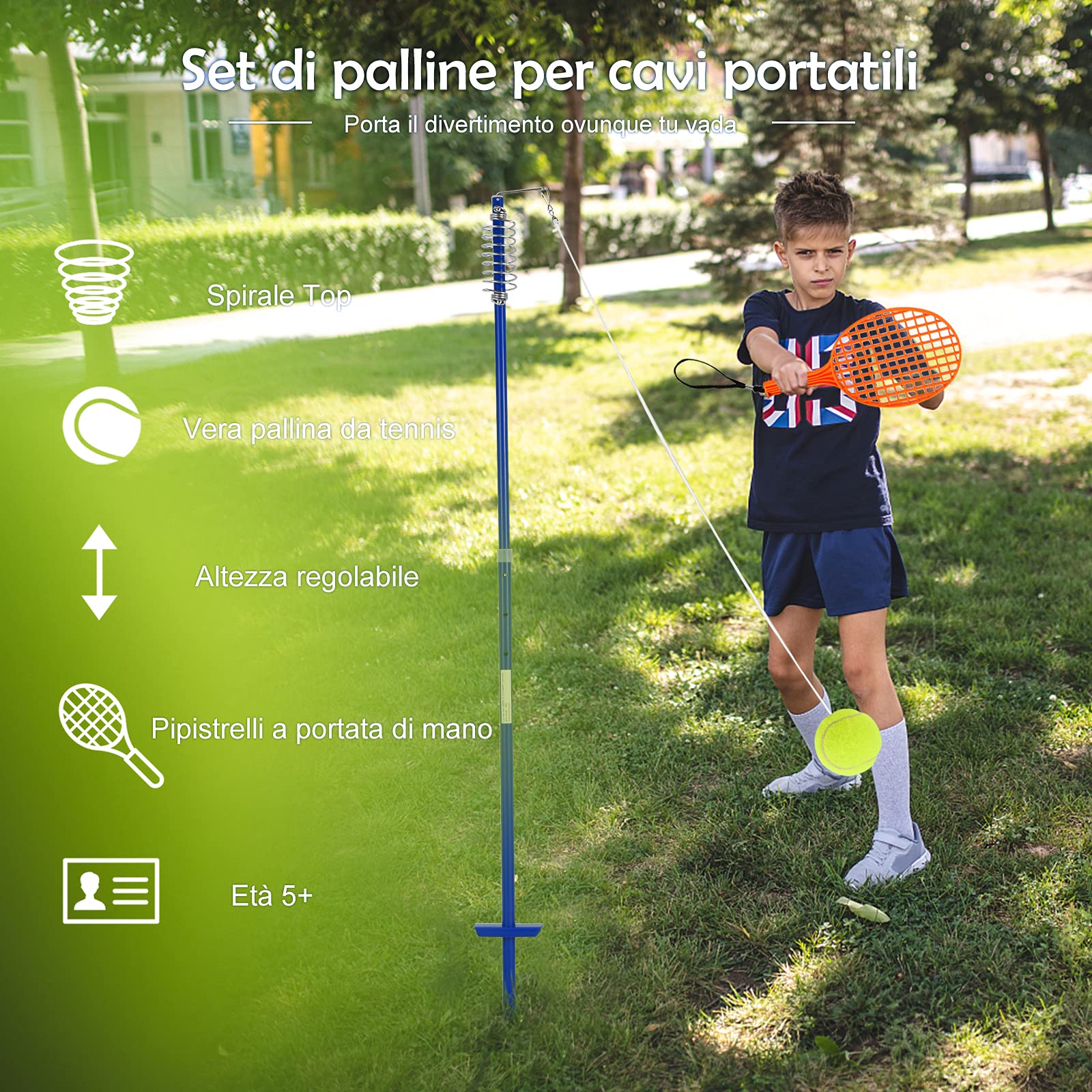COSTWAY Set di Palline da Tennis, Gioco da Esterno con Palla Oscillante e 3 Livelli di Altezza Regolabili, con Palla, Braccio Girevole, 2 Racchette, Gioco Familiare per Bambini +5 Anni