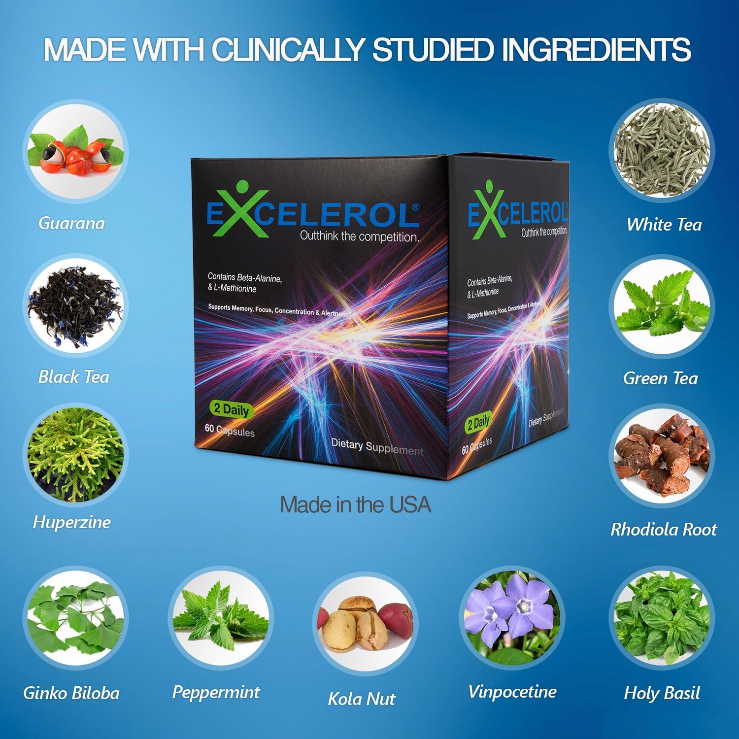 Excelerol 2 - Maximum Strength Brain and Memory Supplement, Supports Focus Mental Clarity, Concentration & Alertness
