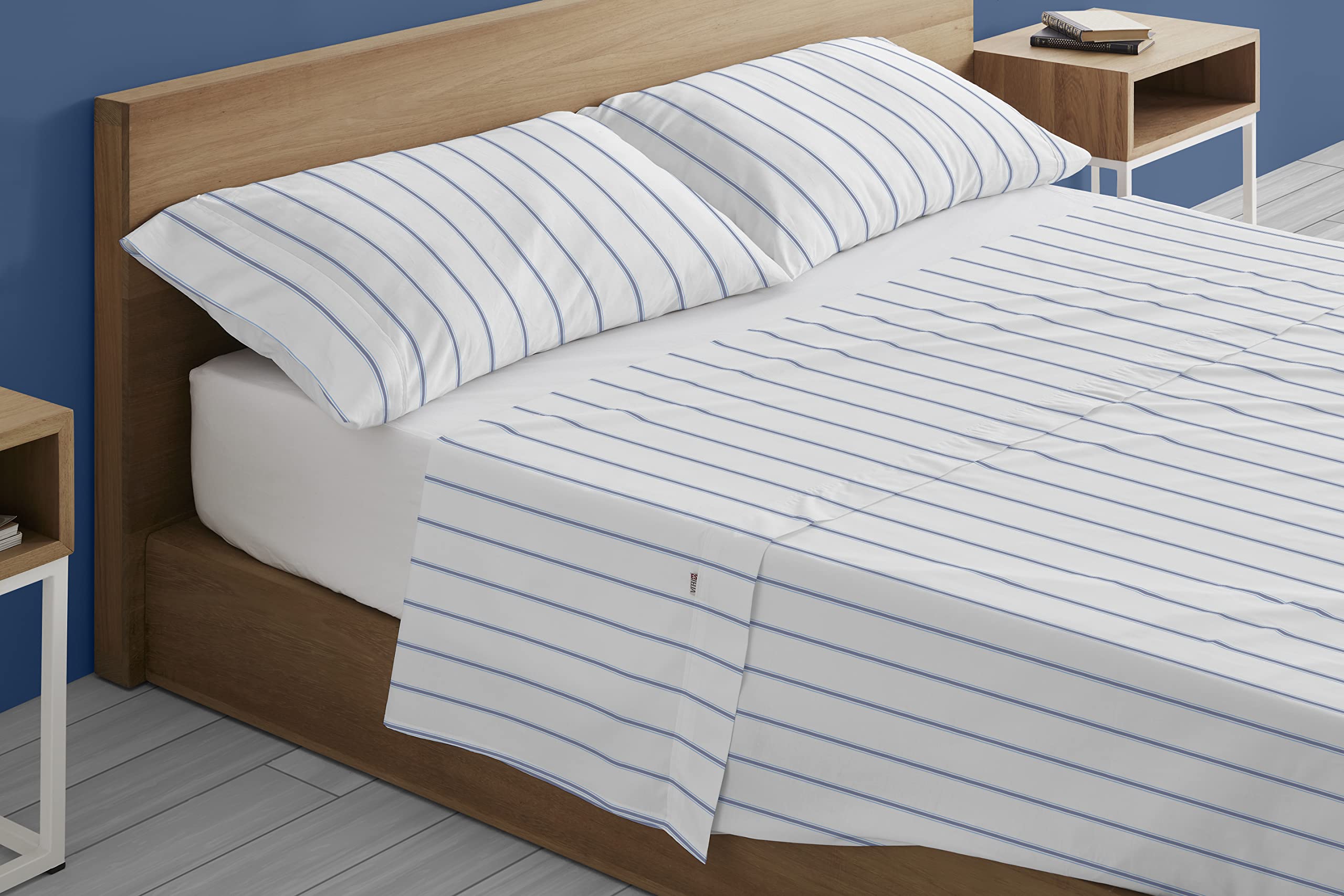 ESTELIA - Juego de sábanas Rita Color Azul - Cama de 150 (3 Piezas) - 100% algodón - 200 Hilos