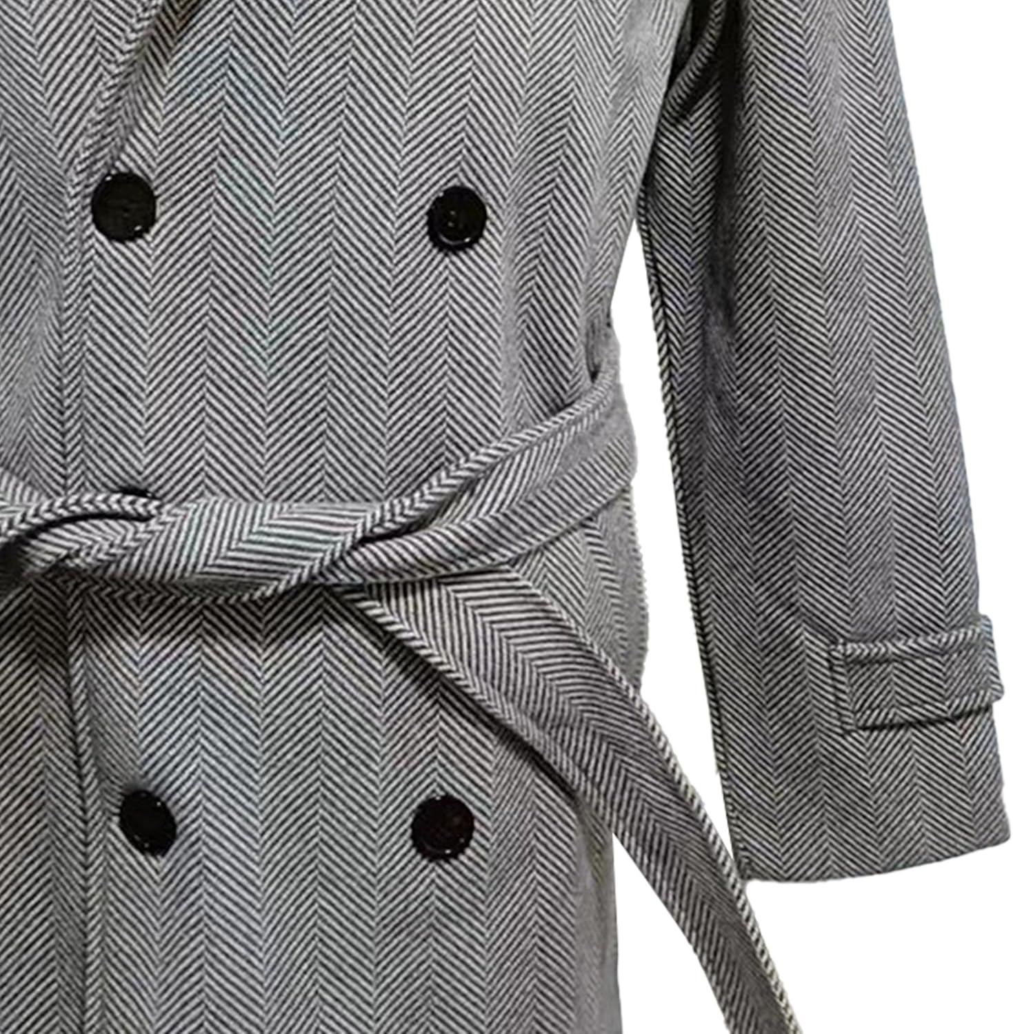 Men's Plaid Notched Lapel Wool Blend Coat Double-Breasted Padded Pea Coat Winter Mid Length Slim Fit Warm Overcoat