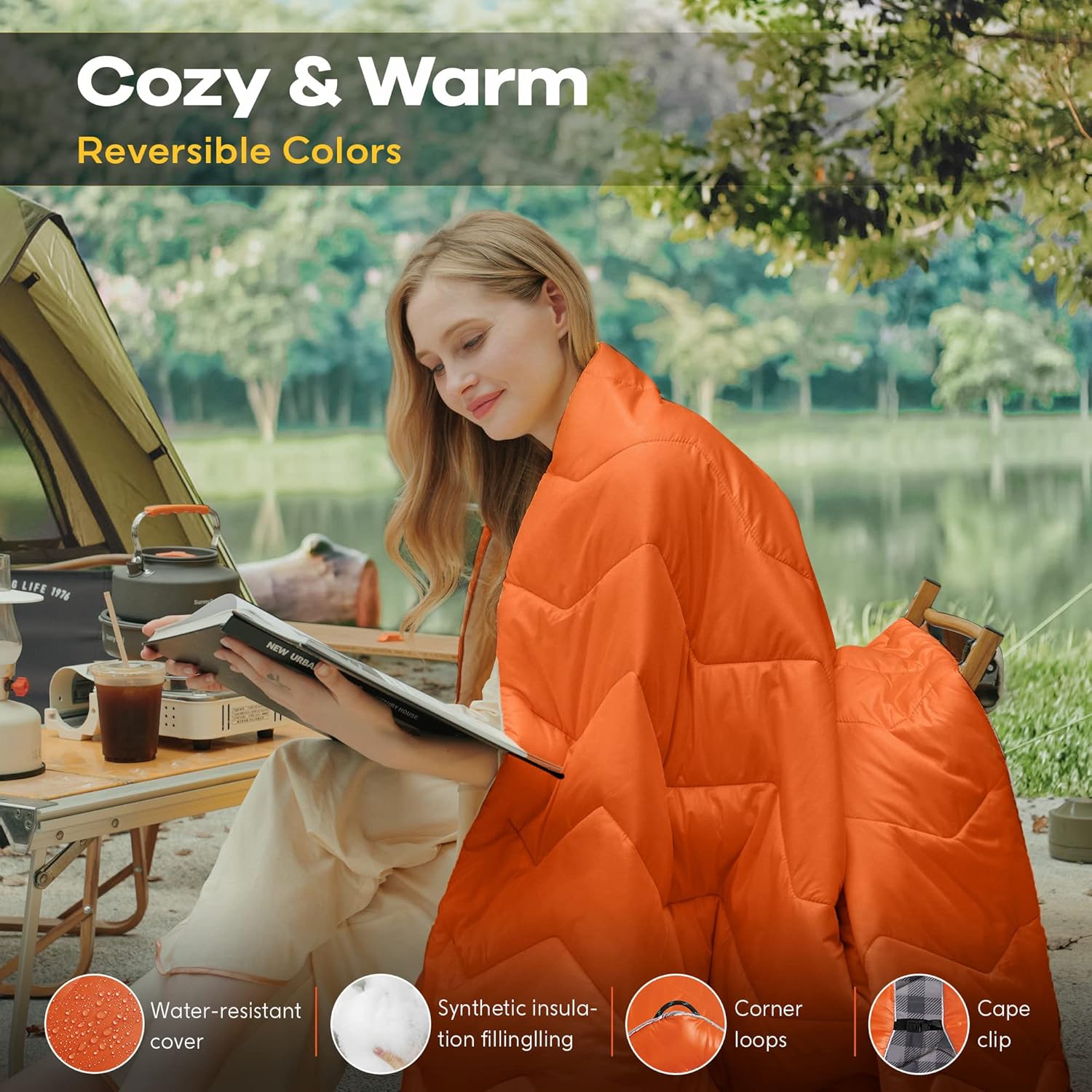 UNIKOME Waterproof Puffy Camping Blanket - Lightweight Packable Outdoor Quilt with Corner Loops, Warm Compact Blanket for Cold Weather Hiking Picnic Stadium Travel, 75"×52", Orange