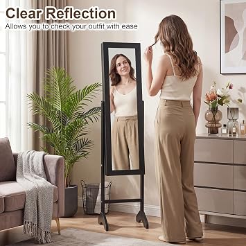 GIANTEX Jewelry Armoire with Full Length Mirror, Freestanding Jewelry Organizer Cabinet with Ring Slots, Earring Holders, Necklace Hooks & Storage Shelves for Bedroom (Black)